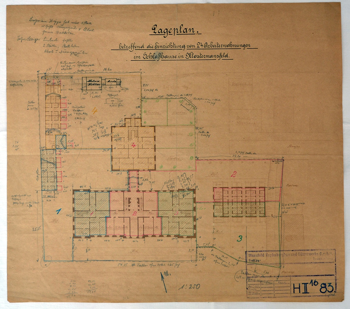 Lageplan, betreffend die Einrichtung von 24 Arbeiterwohnungen im Schlafhause in Klostermansfeld. (Mansfeld-Museum im Humboldt-Schloss CC BY-NC-SA)