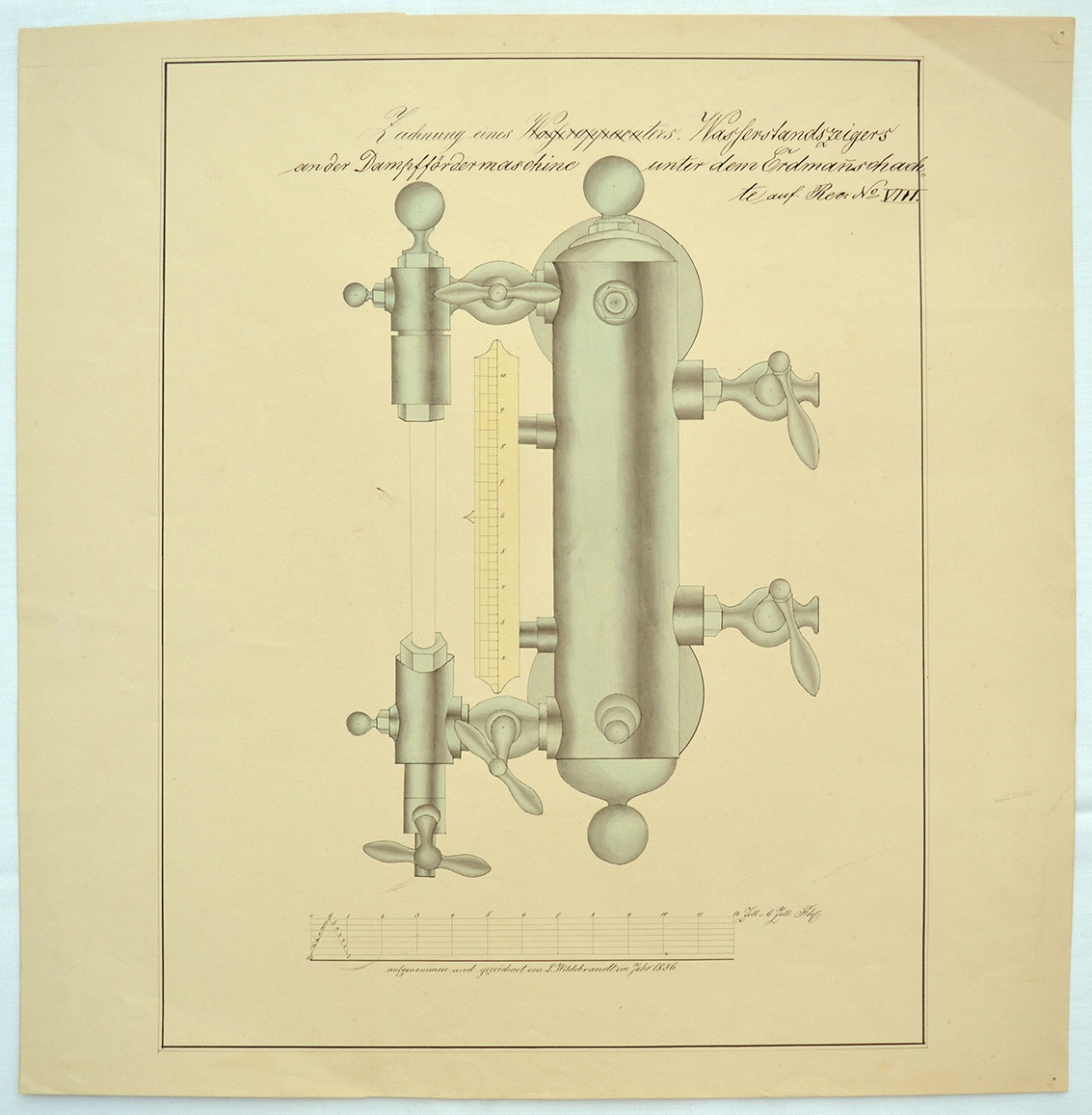 Zeichnung eines Wasserstandzeigers an der Dampffördermaschine unter dem Erdmannschachte auf Rev: No VIII. (Mansfeld-Museum im Humboldt-Schloss CC BY-NC-SA)
