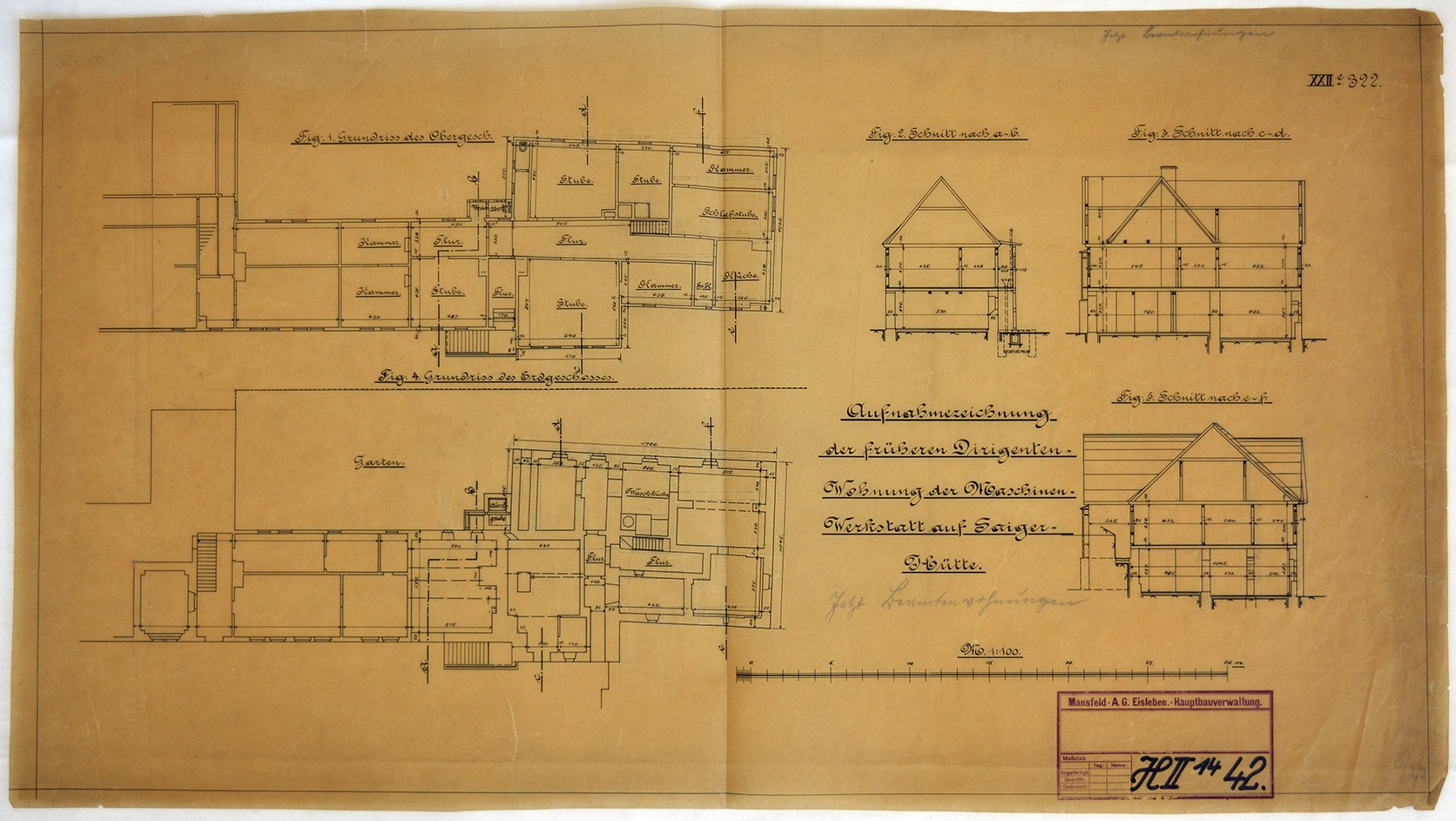 Aufnahmezeichnung der früheren Dirigenten-Wohnung der Maschinen-Werkstatt auf Saiger-Hütte. Jetzt Beamtenwohnungen. (Mansfeld-Museum im Humboldt-Schloss CC BY-NC-SA)