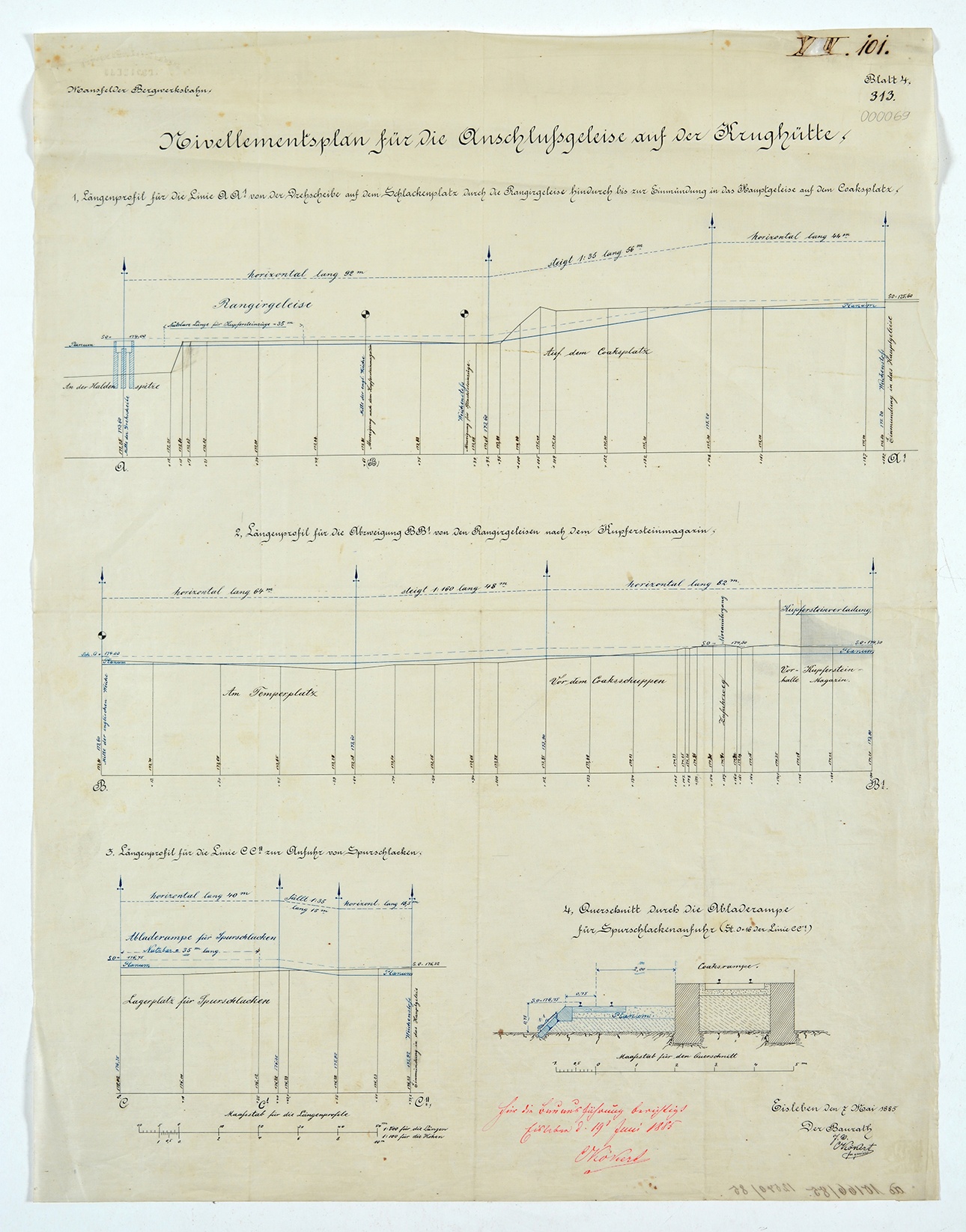 Mansfelder Bergwerksbahn. Nivellementsplan für die Anschlussgeleise auf der Krughütte. Blatt 4 (Mansfeld-Museum im Humboldt-Schloss CC BY-NC-SA)