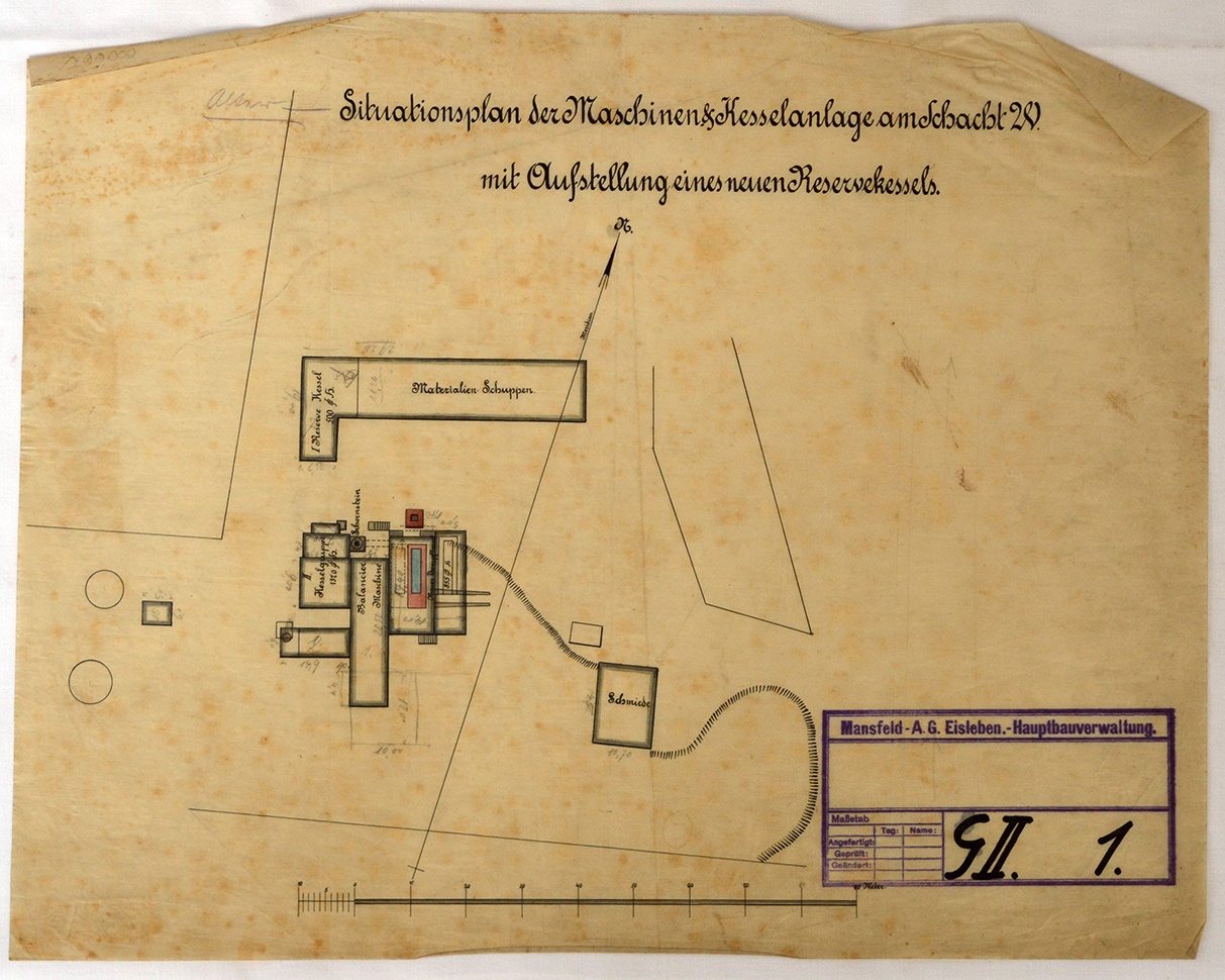 Situationsplan der Maschinen & Kesselanlage am Schacht 20 mit Aufstellung eines neuen Reservekessels. (Mansfeld-Museum im Humboldt-Schloss CC BY-NC-SA)
