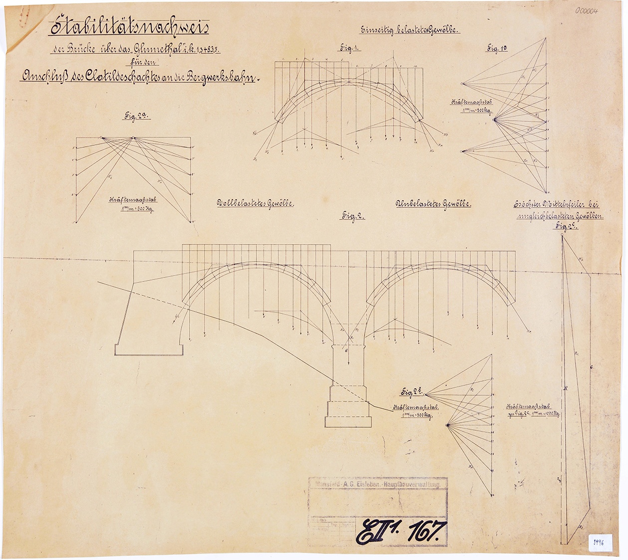 Stabilitätsnachweis der Brücke über das Glumethal i. k. 1,3 + 83,5 für den Anschluss des Clotildeschachtes an die Bergwerksbahn. (Mansfeld-Museum im Humboldt-Schloss CC BY-NC-SA)