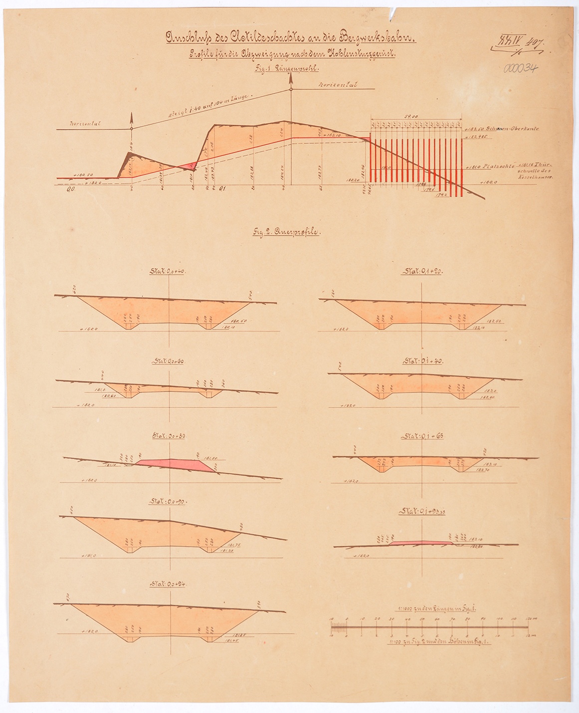 Anschluß des Clotildeschachtes an die Bergwerksbahn. Profile für die Abzweigung nach dem Kohlensturzgerüst. (Mansfeld-Museum im Humboldt-Schloss CC BY-NC-SA)