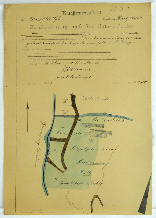 Handzeichnung nach den Katasterkarten über die Einmündung des Wassergrabens unterhalb der Kupferkammerhütte in die Wipper. (Mansfeld-Museum im Humboldt-Schloss CC BY-NC-SA)