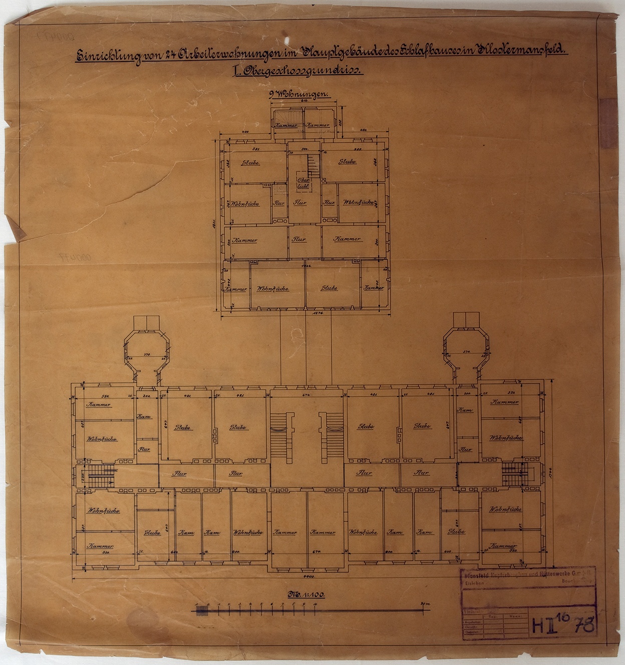 Einrichtung von 24 Arbeiterwohnungen im Hauptgebäude des Schlafhauses in Klostermansfeld. I. Obergeschossgrundriss. (Mansfeld-Museum im Humboldt-Schloss CC BY-NC-SA)