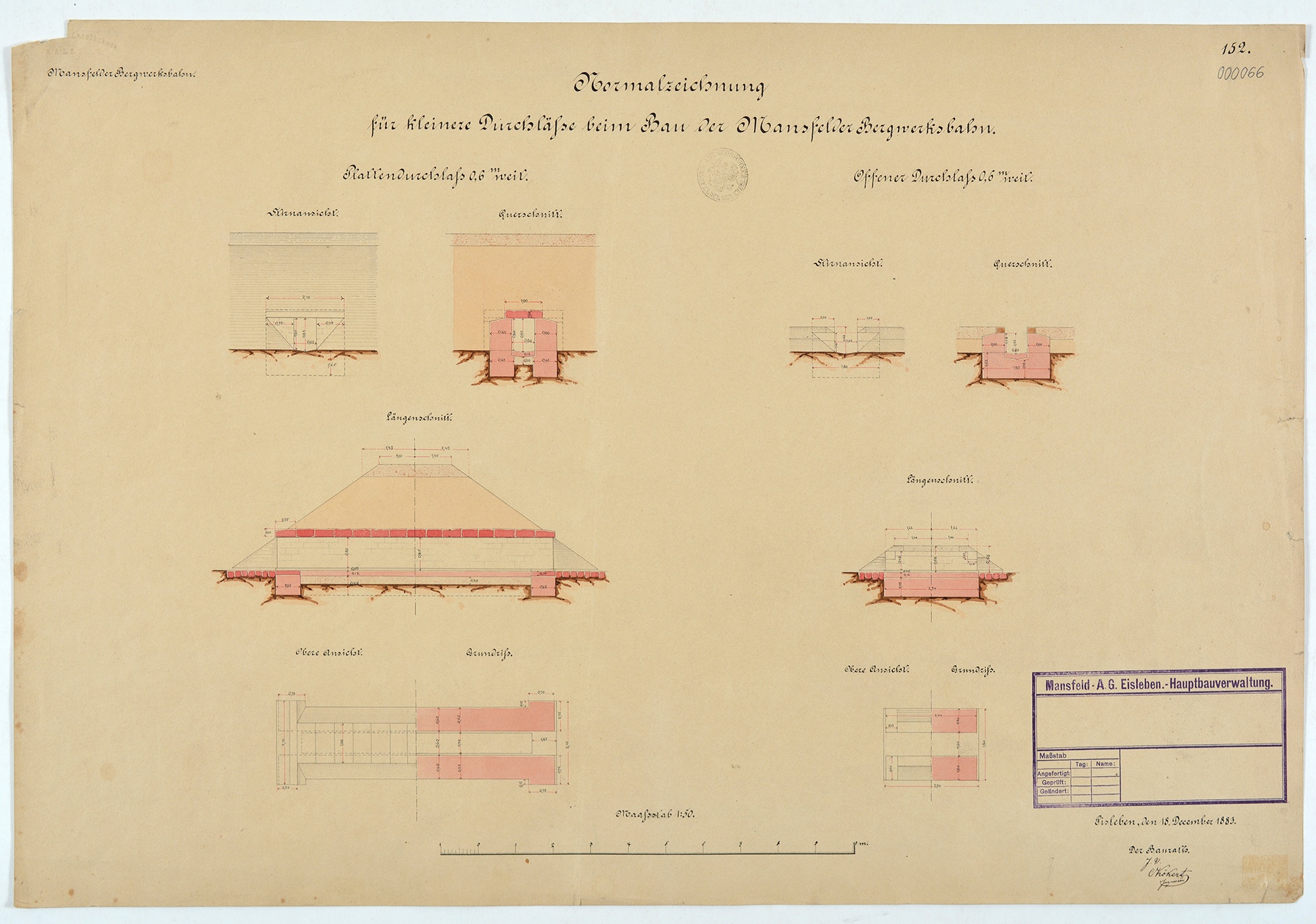 Mansfelder Bergwerksbahn. Normalzeichnung für kleinere Durchlässe beim Bau der Mansfelder Bergwerksbahn. (Mansfeld-Museum im Humboldt-Schloss CC BY-NC-SA)