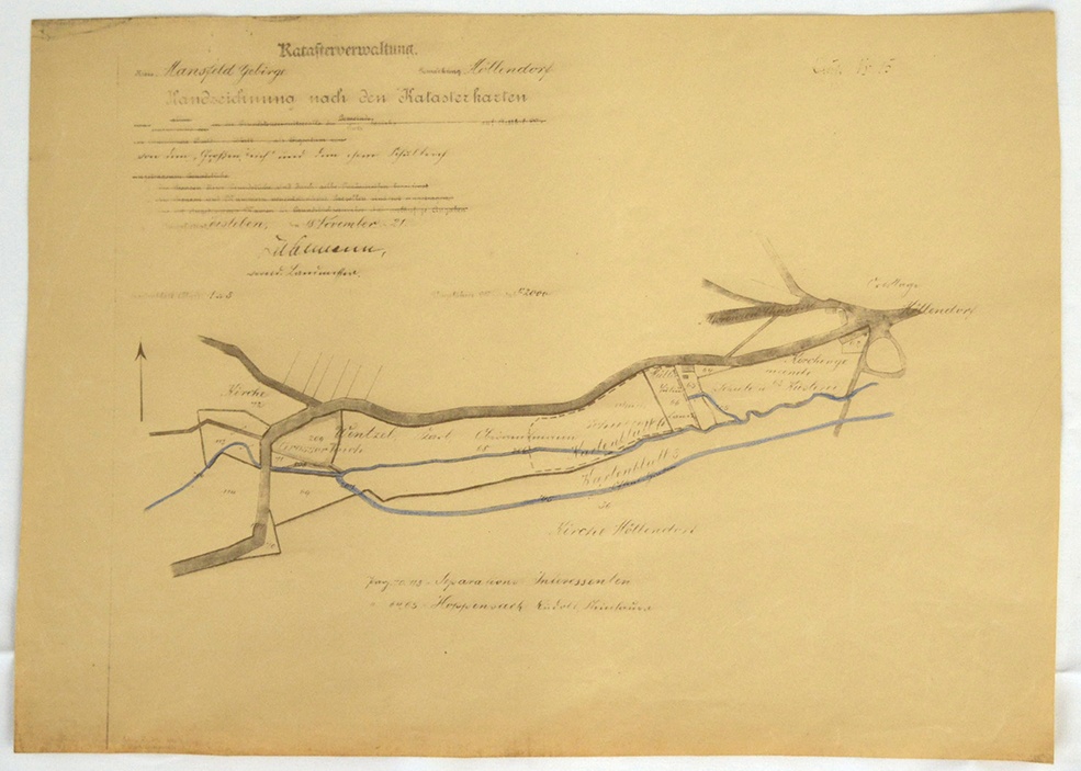 Handzeichnung nach den Katasterkarten von dem "Großen Teich" und dem ehem. Schulteich, Kartenblatt 1 u. 3 (Mansfeld-Museum im Humboldt-Schloss CC BY-NC-SA)