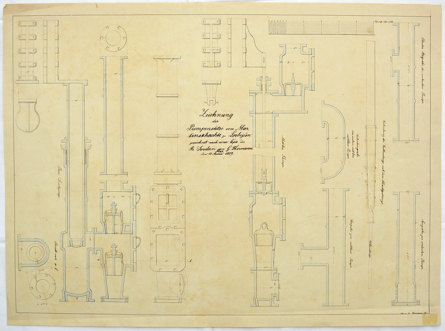Zeichnung der Pumpensätze vom Martinsschachte zu Loebejün gezeichnet nach einer Copie des B. Jordan von G. Thormann den 15. Mai 1859. (Mansfeld-Museum im Humboldt-Schloss CC BY-NC-SA)