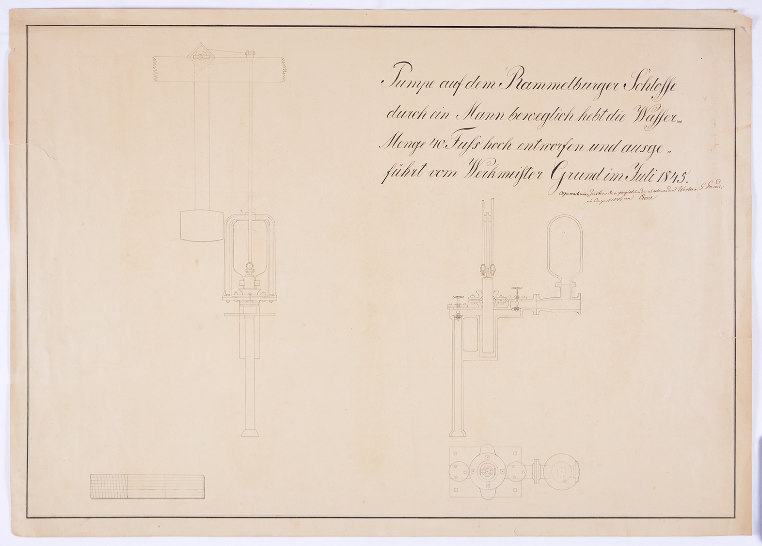 Pumpe auf dem Rammelburger Schlosse durch ein Mann beweglich hebt die Wasser-Menge 40 Fuss hoch entworfen und ausgeführt vom Werkmeister Grund im Juli 1845. (Mansfeld-Museum im Humboldt-Schloss CC BY-NC-SA)
