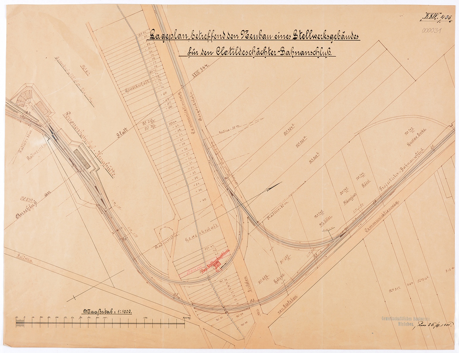 Lageplan, betreffend den Neubau eines Stellwerksgebäudes für den Clotildeschächter Bahnanschluss (Mansfeld-Museum im Humboldt-Schloss CC BY-NC-SA)