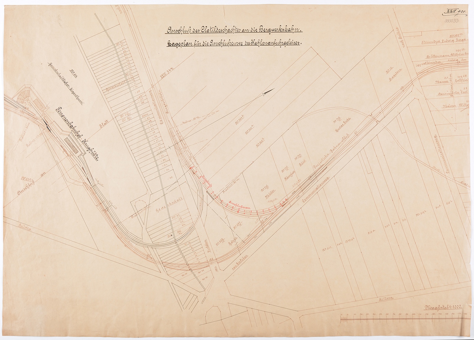 Anschluß des Clotildeschachtes an die Bergwerksbahn. Lageplan für die Anschlußcurve des Kohleanfuhrgleises (Mansfeld-Museum im Humboldt-Schloss CC BY-NC-SA)