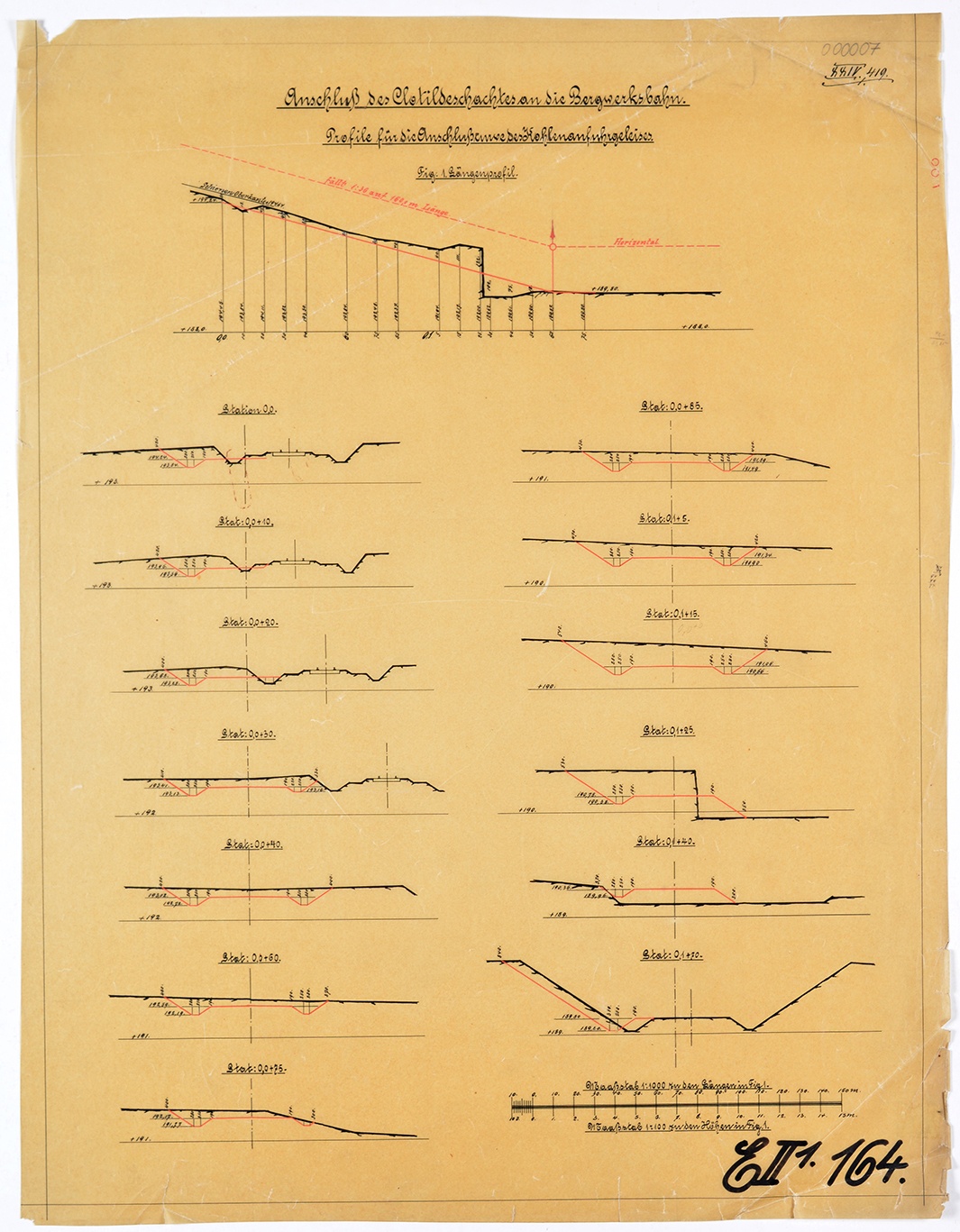 Anschluß des Clotildeschachtes an die Bergwerksbahn. Profile für die Anschlußkurve des Kohlenanfuhrgeleises (Mansfeld-Museum im Humboldt-Schloss CC BY-NC-SA)