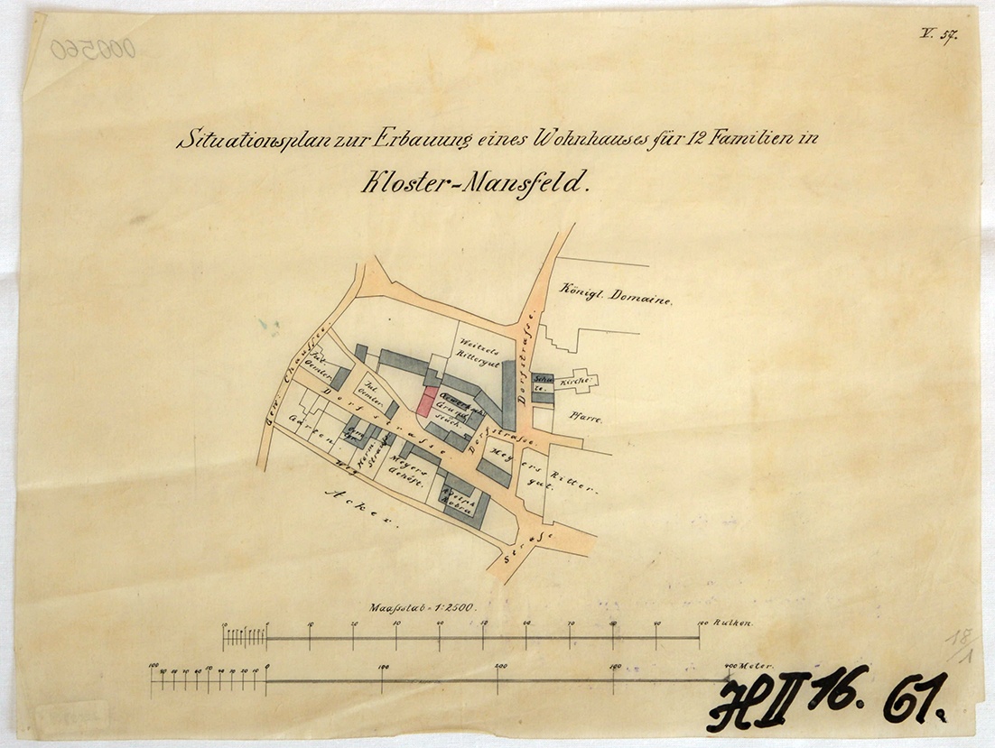 Situationsplan zur Erbauung eines Wohnhauses für 12 Familien in Kloster-Mansfeld (Mansfeld-Museum im Humboldt-Schloss CC BY-NC-SA)