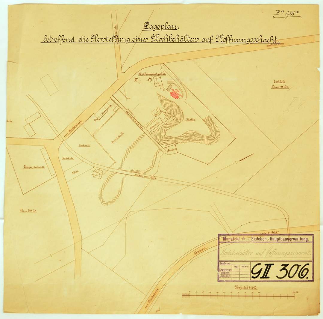 Lageplan, betreffend die Herstellung eines Hochbehälters auf Hoffnungsschacht. (Mansfeld-Museum im Humboldt-Schloss CC BY-NC-SA)