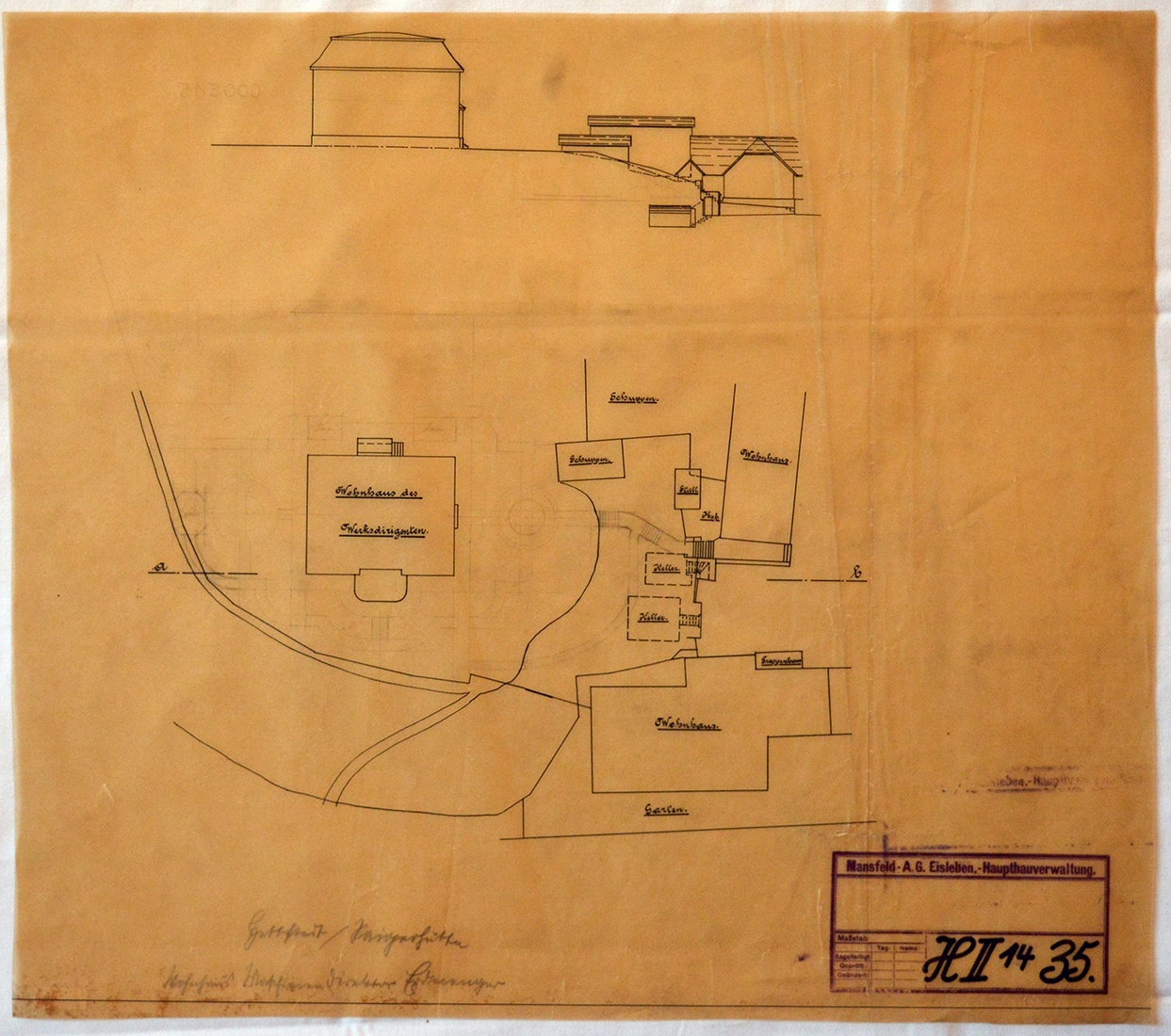 Schnitt und Lageplan des Wohnhauses des Werksleiters der Maschinenwerkstatt auf Saigerhütte (Mansfeld-Museum im Humboldt-Schloss CC BY-NC-SA)