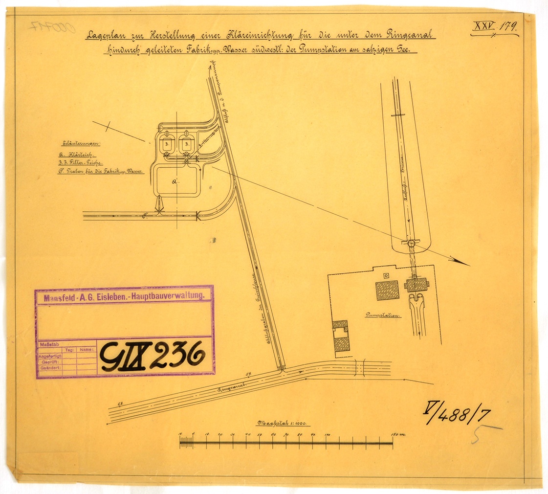 Lageplan zur Herstellung einer Kläreinrichtung für die unter dem Ringcanal hindurch geleiteten Fabrik-Wasser südwestl. der Pumpstation am salzigen See. (Mansfeld-Museum im Humboldt-Schloss CC BY-NC-SA)