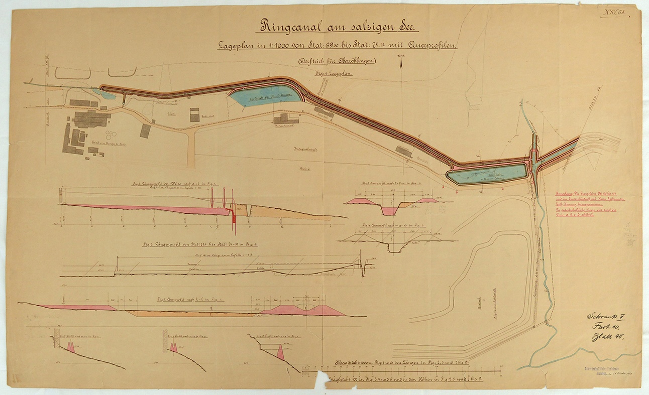 Ringcanal am salzigen See. Lageplan von Station 69.30 bis Station 78.75 mit Querprofilen. (Mansfeld-Museum im Humboldt-Schloss CC BY-NC-SA)