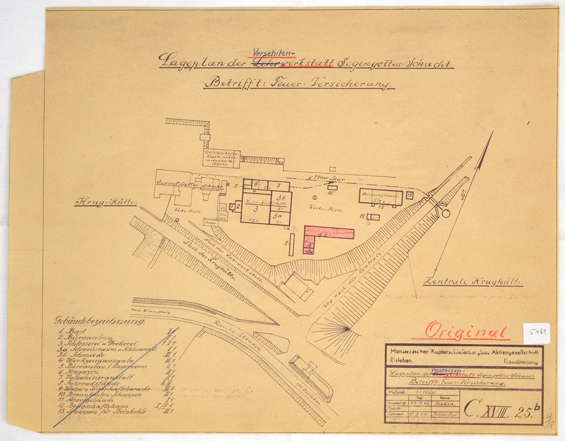 Lageplan der Versehrtenwerkstatt Segengottes-Schacht. Betrifft: Feuer-Versicherung (Mansfeld-Museum im Humboldt-Schloss CC BY-NC-SA)