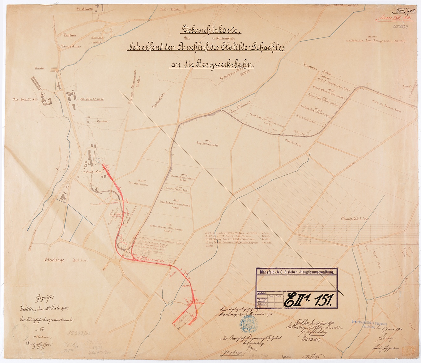 Uebersichtskarte betreffend den Anschluß des Clotilde-Schachtes an die Bergwerksbahn. (Mansfeld-Museum im Humboldt-Schloss CC BY-NC-SA)