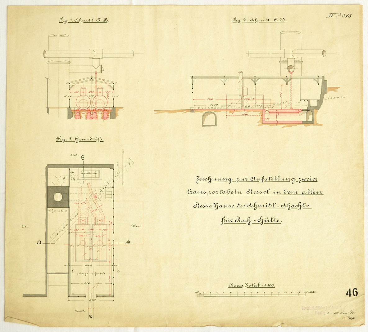 Zeichnung zur Aufstellung zweier transportabeln Kessel in dem alten Kesselhause des Schmidt-Schachtes für Koch-Hütte. (Mansfeld-Museum im Humboldt-Schloss CC BY-NC-SA)