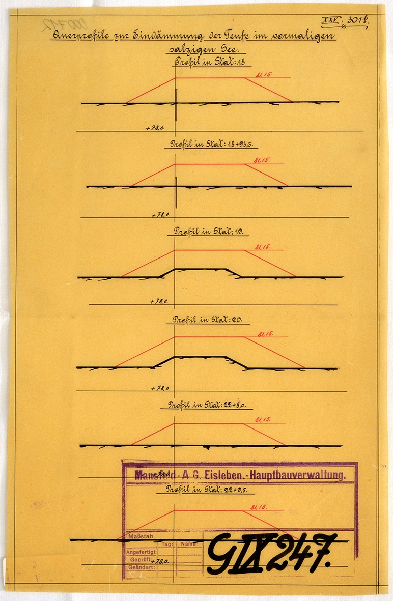Querprofile zur Eindämmung der Teufe im vormaligen salzigen See. Profil im Stat: 18 (Mansfeld-Museum im Humboldt-Schloss CC BY-NC-SA)