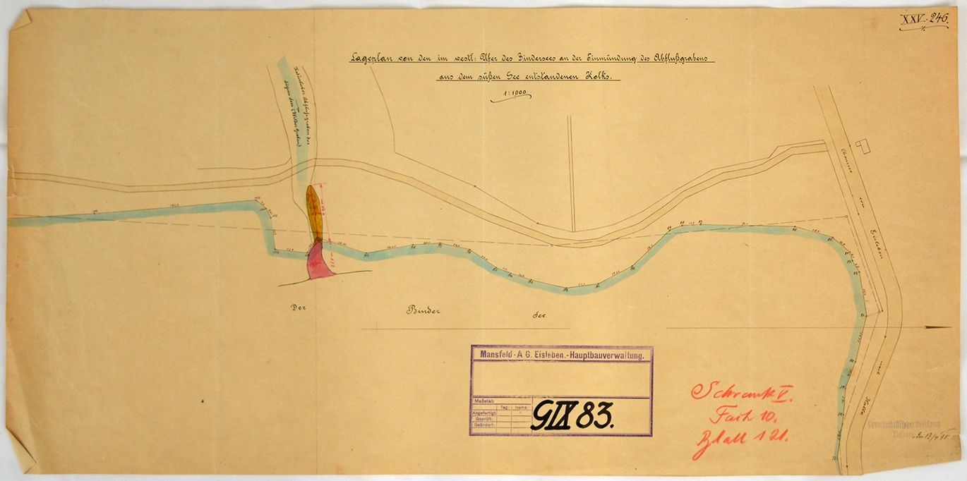 Lageplan von den im westl: Ufer des Bindersees an der Einmündung des Abflußgrabens aus dem süßen See entstandenen Kolks. (Mansfeld-Museum im Humboldt-Schloss CC BY-NC-SA)