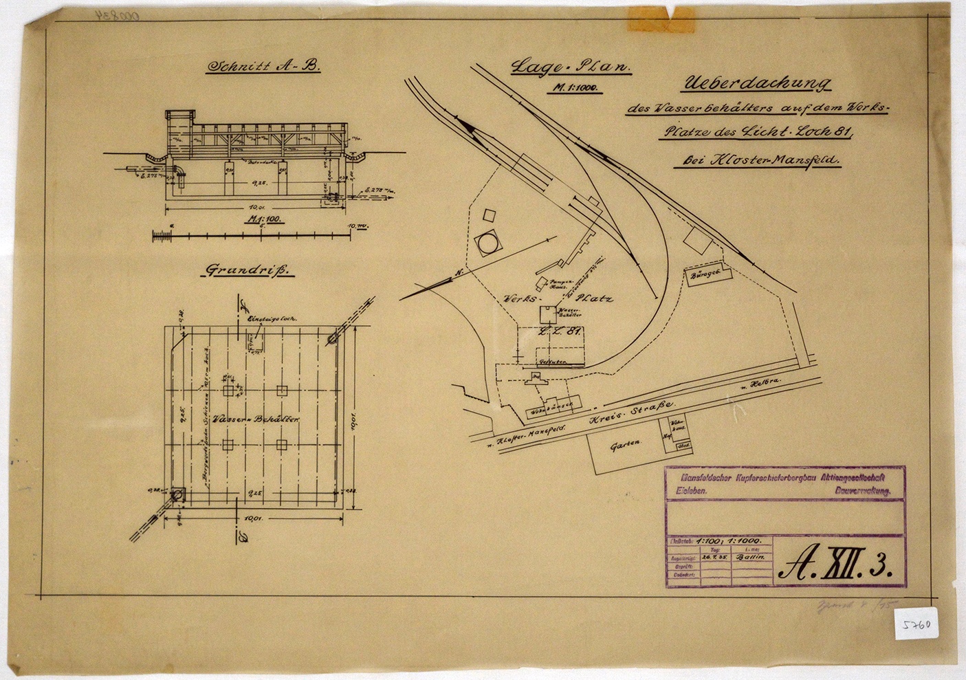 Lageplan Ueberdachung des Wasserbehälters auf dem Werks-Platze des Licht.Loch 81, bei Kloster-Mansfeld. (Mansfeld-Museum im Humboldt-Schloss CC BY-NC-SA)