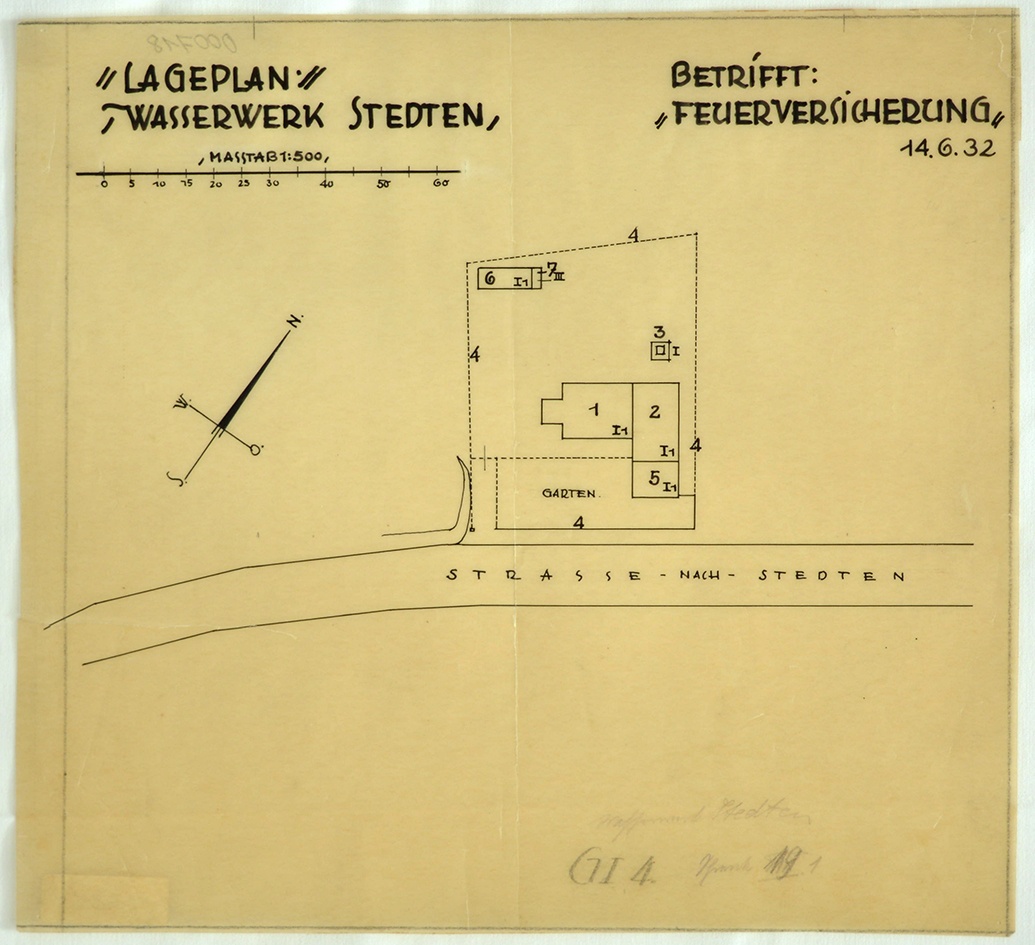Lageplan Wasserwerk Stedten. Betrifft Feuersicherung (Mansfeld-Museum im Humboldt-Schloss CC BY-NC-SA)