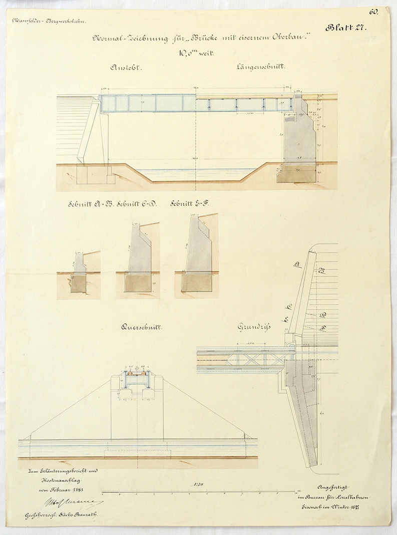 Mansfelder Bergwerksbahn. Normal-Zeichnung für "Brücke mit eisernem Überbau". Blatt 27. (Mansfeld-Museum im Humboldt-Schloss CC BY-NC-SA)