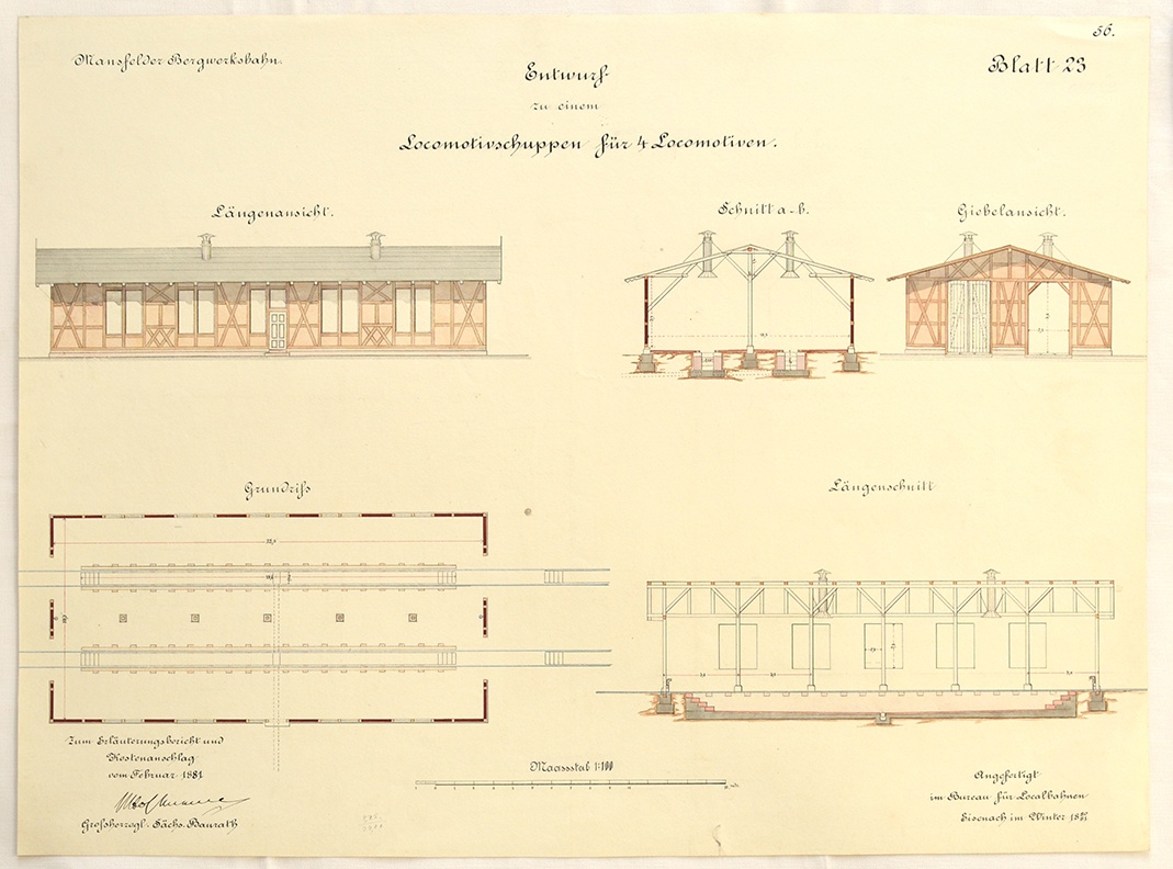 Mansfelder Bergwerksbahn. Entwurf zu einem Locomotivschuppen für 4 Locomotiven. Blatt 23. (Mansfeld-Museum im Humboldt-Schloss CC BY-NC-SA)
