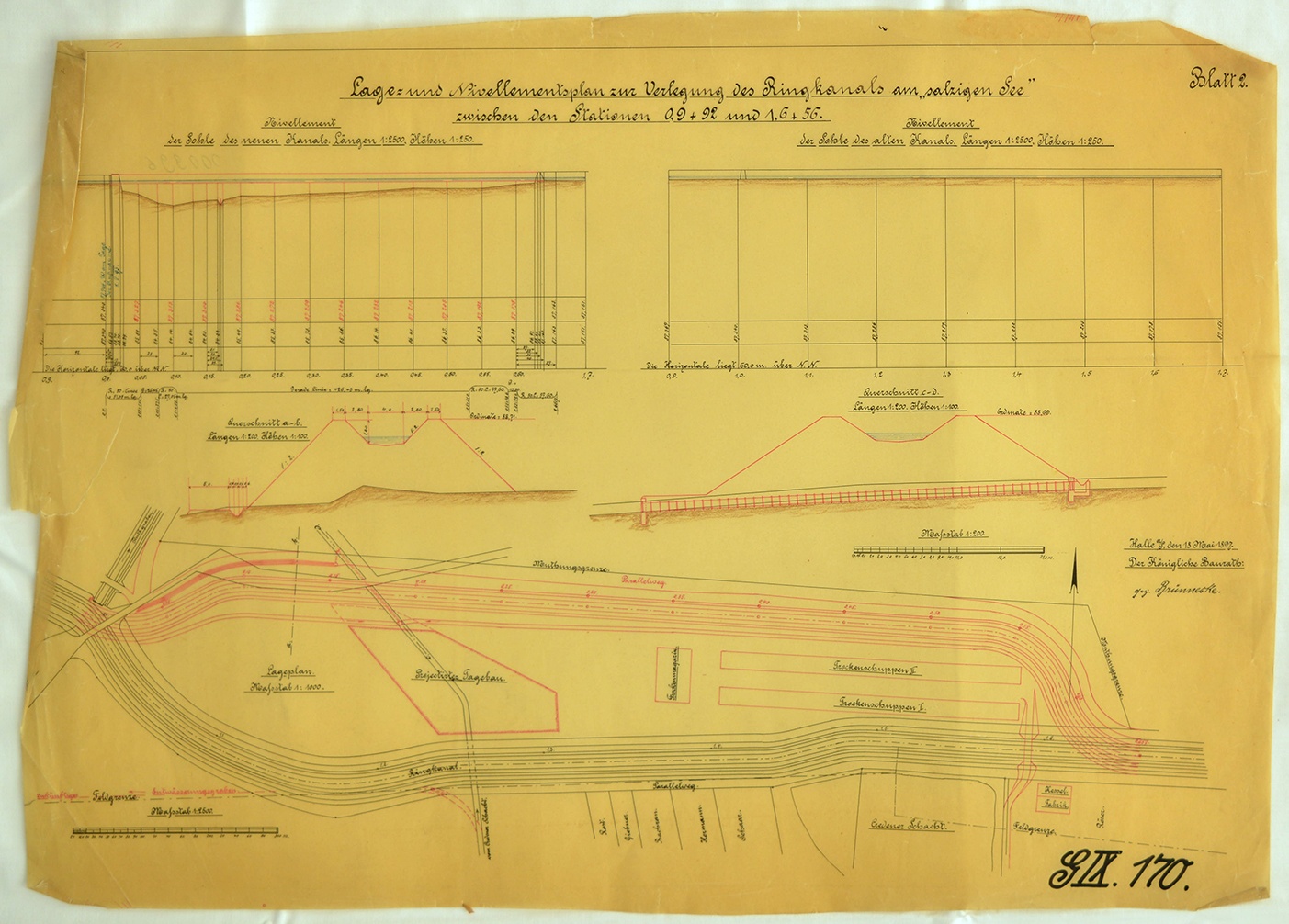 Lage- und Nivellementsplan zur Verlegung des Ringkanals am "salzigen See" zwischen den Stationen 0,9+92 und 1,6+56.  Blatt 2. (Mansfeld-Museum im Humboldt-Schloss CC BY-NC-SA)
