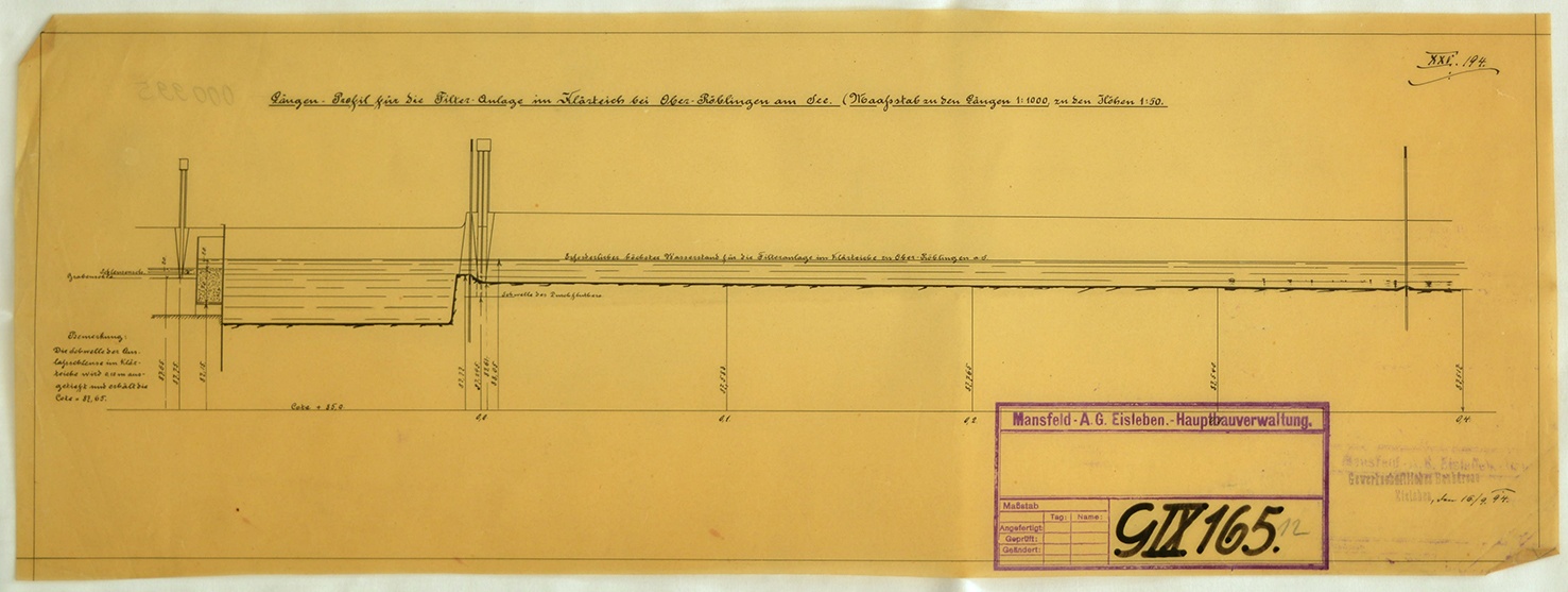 Längen-Profil für die Filter-Anlage im Klärteich bei Ober-Röblingen am See. (Maaßstab zu den Längen 1:1000, zu den Höhen 1:50. (Mansfeld-Museum im Humboldt-Schloss CC BY-NC-SA)