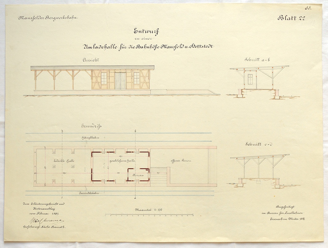 Mansfelder Bergwerksbahn. Entwurf zu einer Umladehalle für die Bahnhöfe Mansfeld u. Hettstedt. Blatt 22. (Mansfeld-Museum im Humboldt-Schloss CC BY-NC-SA)