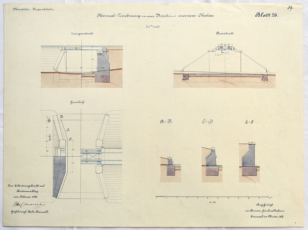 Mansfelder Bergwerksbahn. Normal-Zeichnung zu einer Brücke mit eisernem Oberbau. Blatt 26. (Mansfeld-Museum im Humboldt-Schloss CC BY-NC-SA)