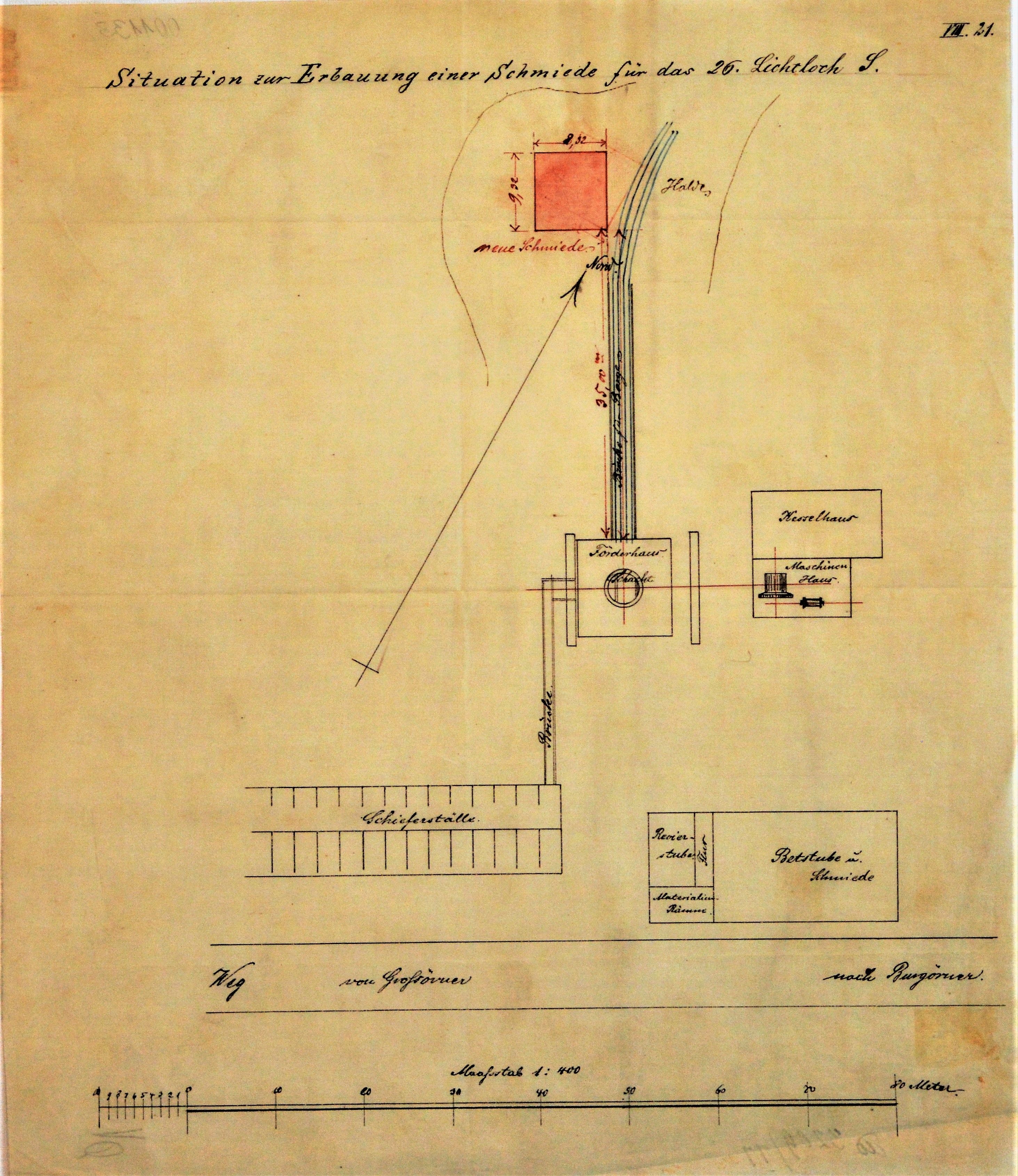Situation zur Erbauung einer Schmiede für das 26. Lichtloch S (Mansfeld-Museum im Humboldt-Schloss CC BY-NC-SA)