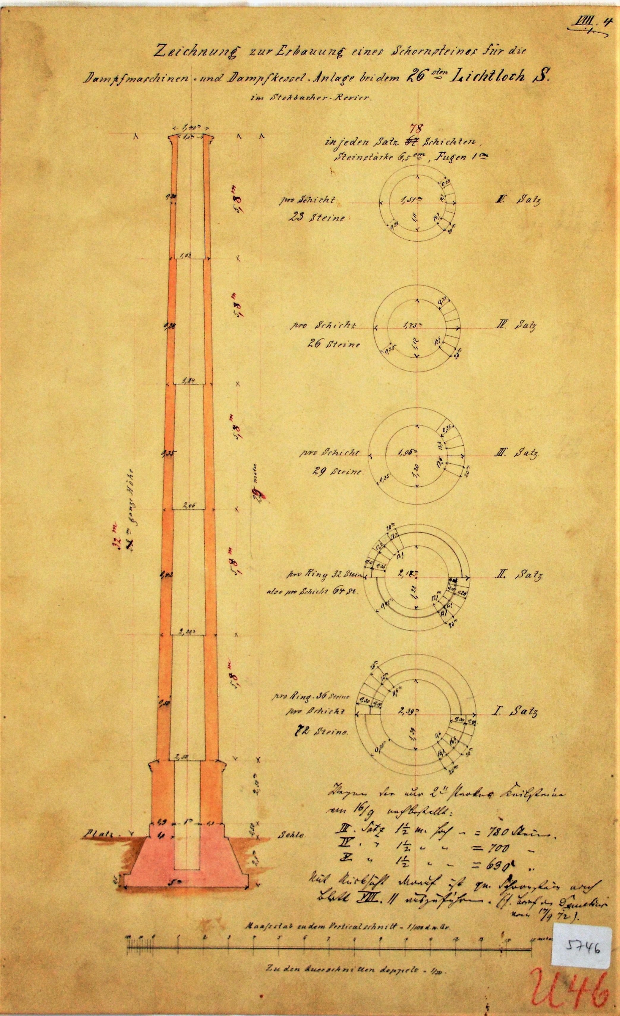 Zeichnung zur Erbauung eines Schornsteines für die Dampfmaschinen- und Dampfkesssel-Anlage bei dem 26 sten Lichtloch S im Stockbacher Revier. (Mansfeld-Museum im Humboldt-Schloss CC BY-NC-SA)