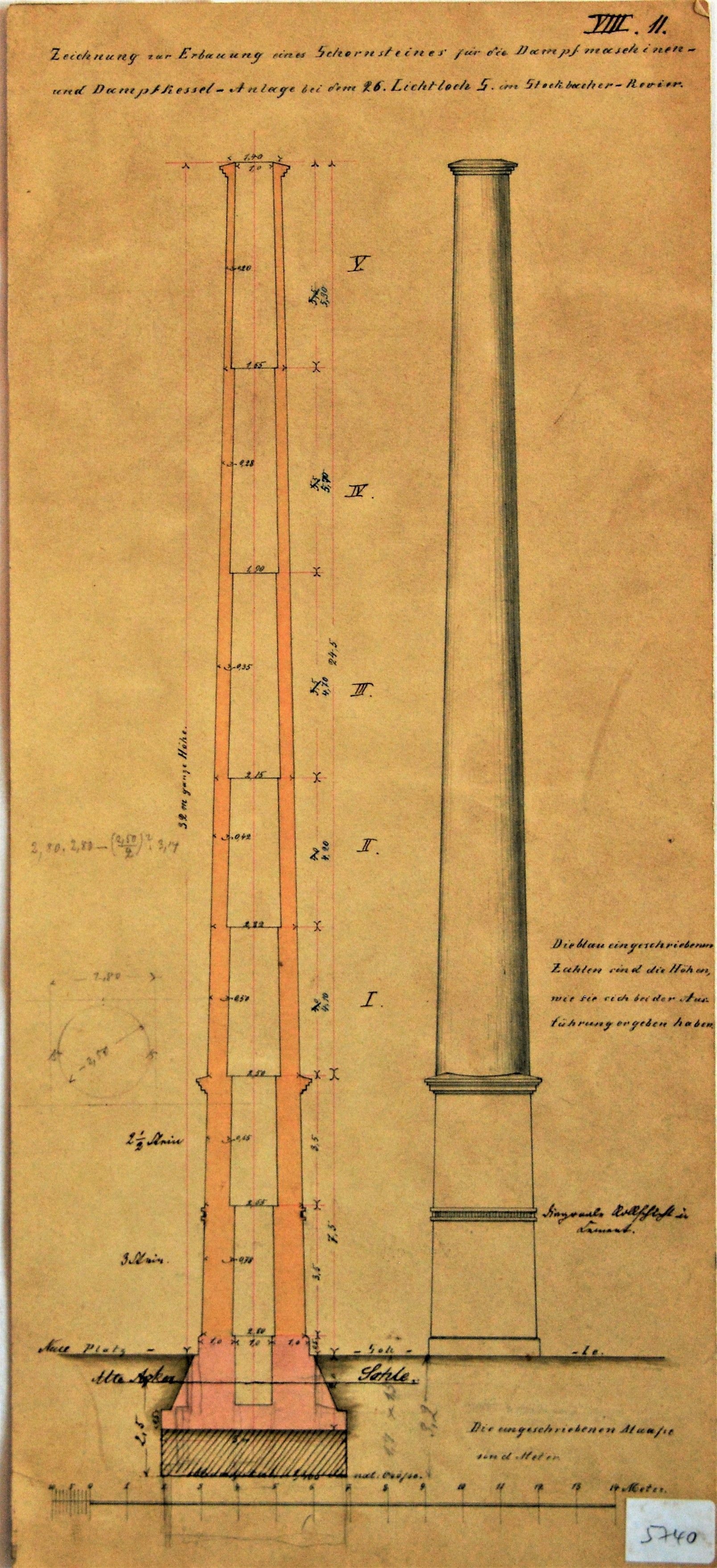 Zeichnung zur Erbauung eines Schornsteines für die Dampfmaschinen- und Dampfkesssel-Anlage bei dem 26. Lichtloch S im Stockbacher Revier. (Mansfeld-Museum im Humboldt-Schloss CC BY-NC-SA)