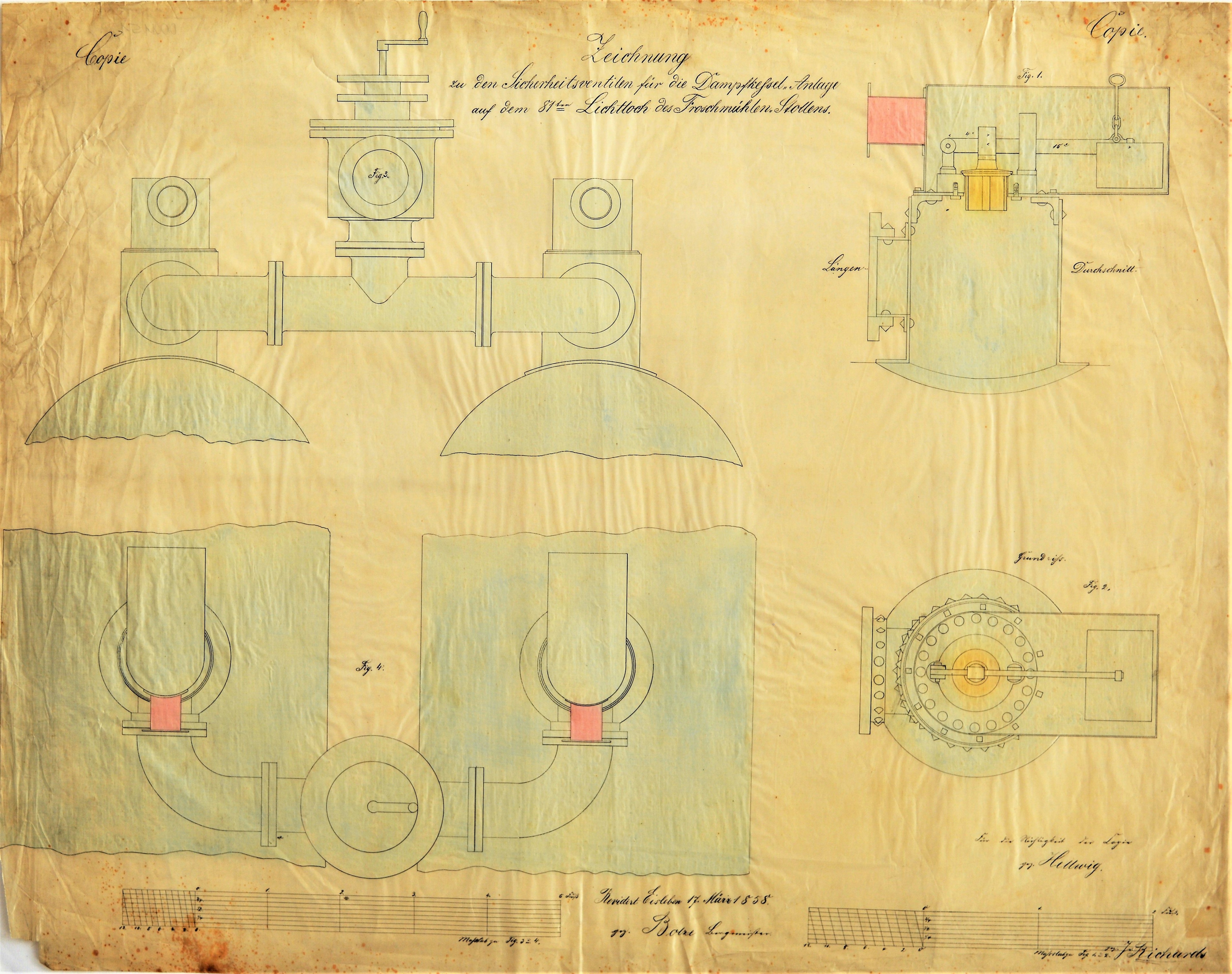 Zeichnung zu den Sicherheitsventilen für die Dampfkessel-Anlage auf dem 81 ten Lichtloch des Froschmühlen-Stollens. (Mansfeld-Museum im Humboldt-Schloss CC BY-NC-SA)