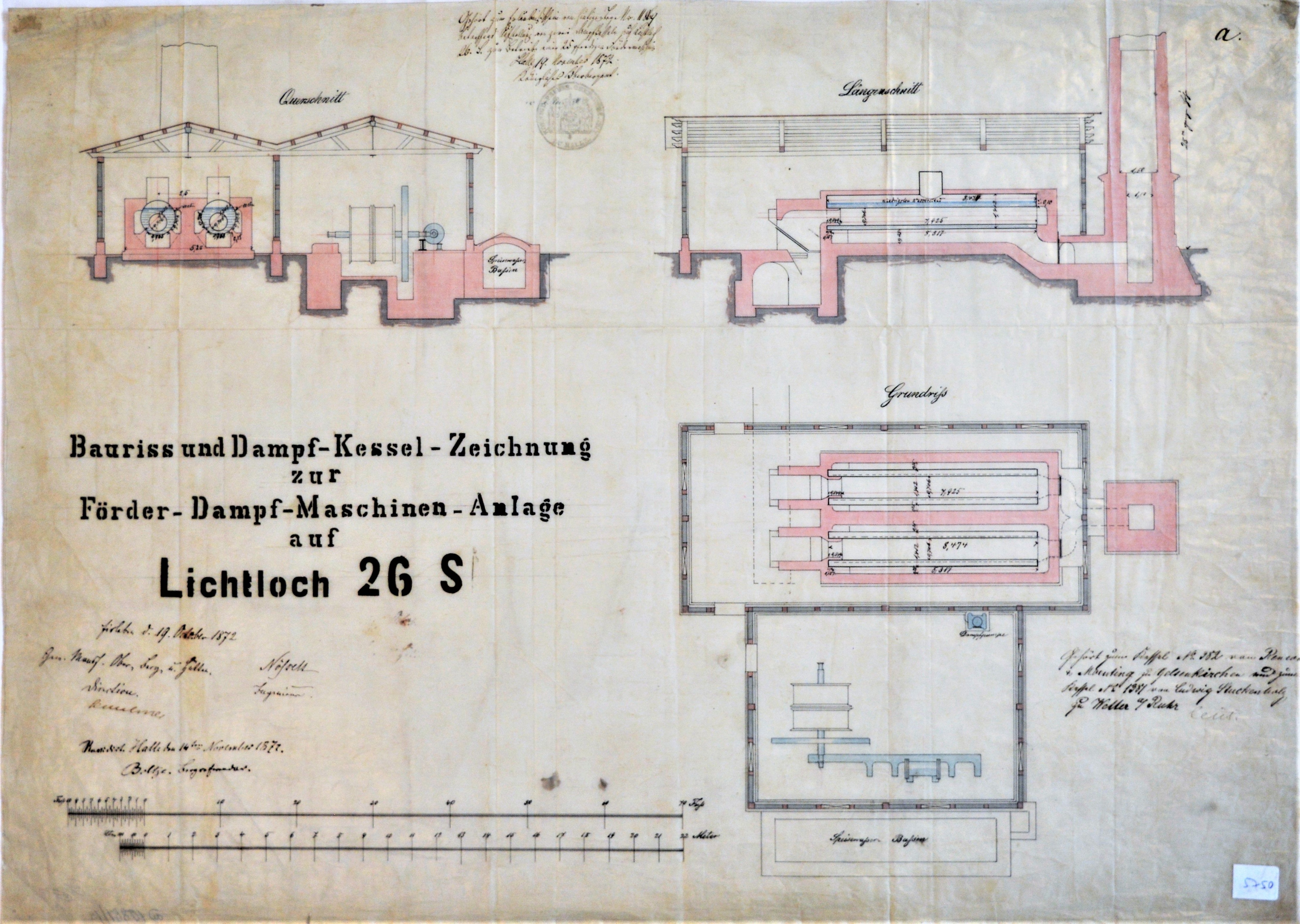 Bauriss und Dampf-Kessel-Zeichnung zur Förder-Dampf-Maschinen-Anlage auf Lichtloch 26 S (Mansfeld-Museum im Humboldt-Schloss CC BY-NC-SA)