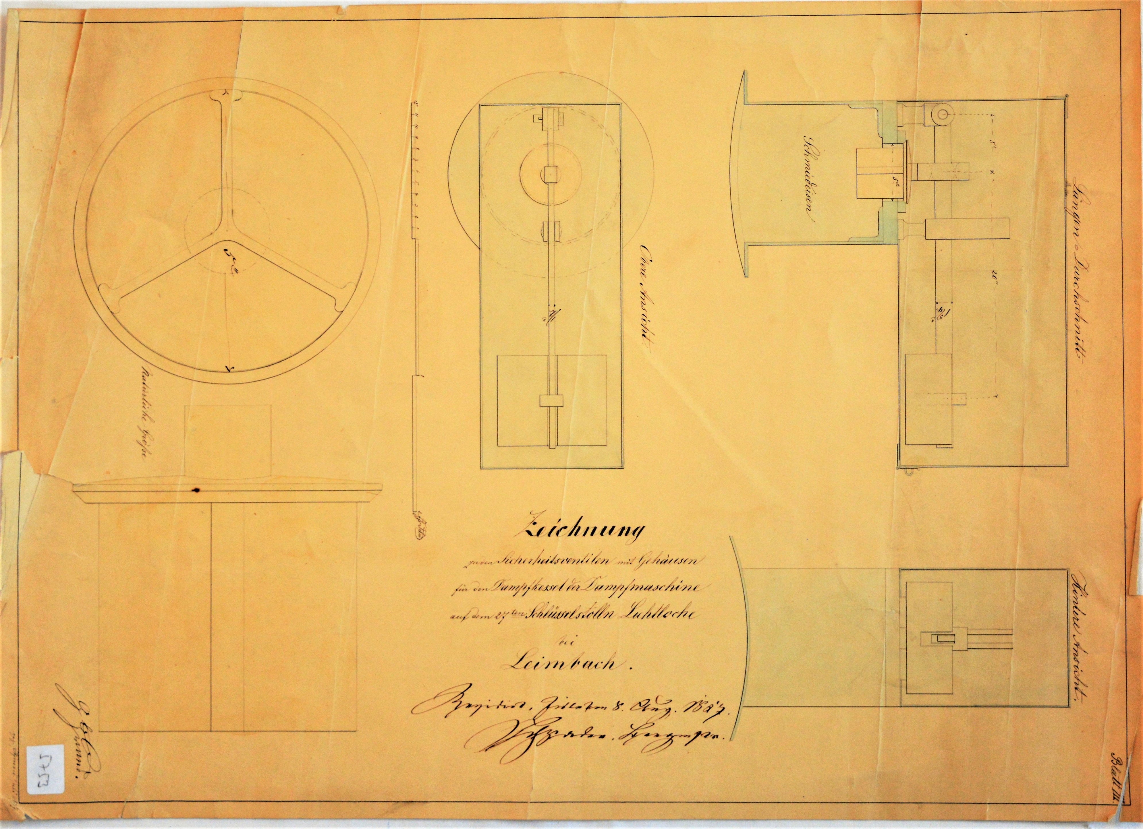 Zeichnung zu den Sicherheitsventilen mit Gehäusen für den Dampfkessel der Dampfmaschine auf dem 27ten Schlüsselstolln Lichtloche bei Leimbach. Blatt III (Mansfeld-Museum im Humboldt-Schloss CC BY-NC-SA)