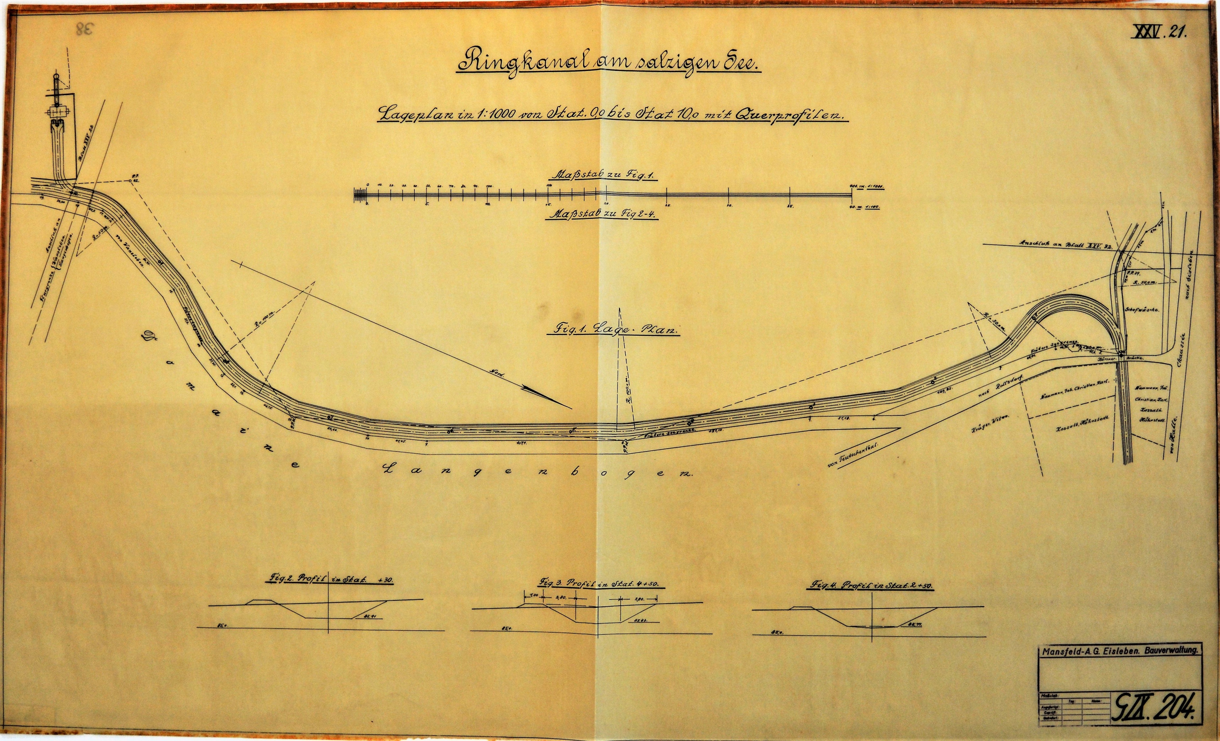 Ringcanal am salzigen See Lageplan in 1:1000 von Stat. 0,0 bis Stat. 10,0 mit Querprofilen. (Mansfeld-Museum im Humboldt-Schloss CC BY-NC-SA)