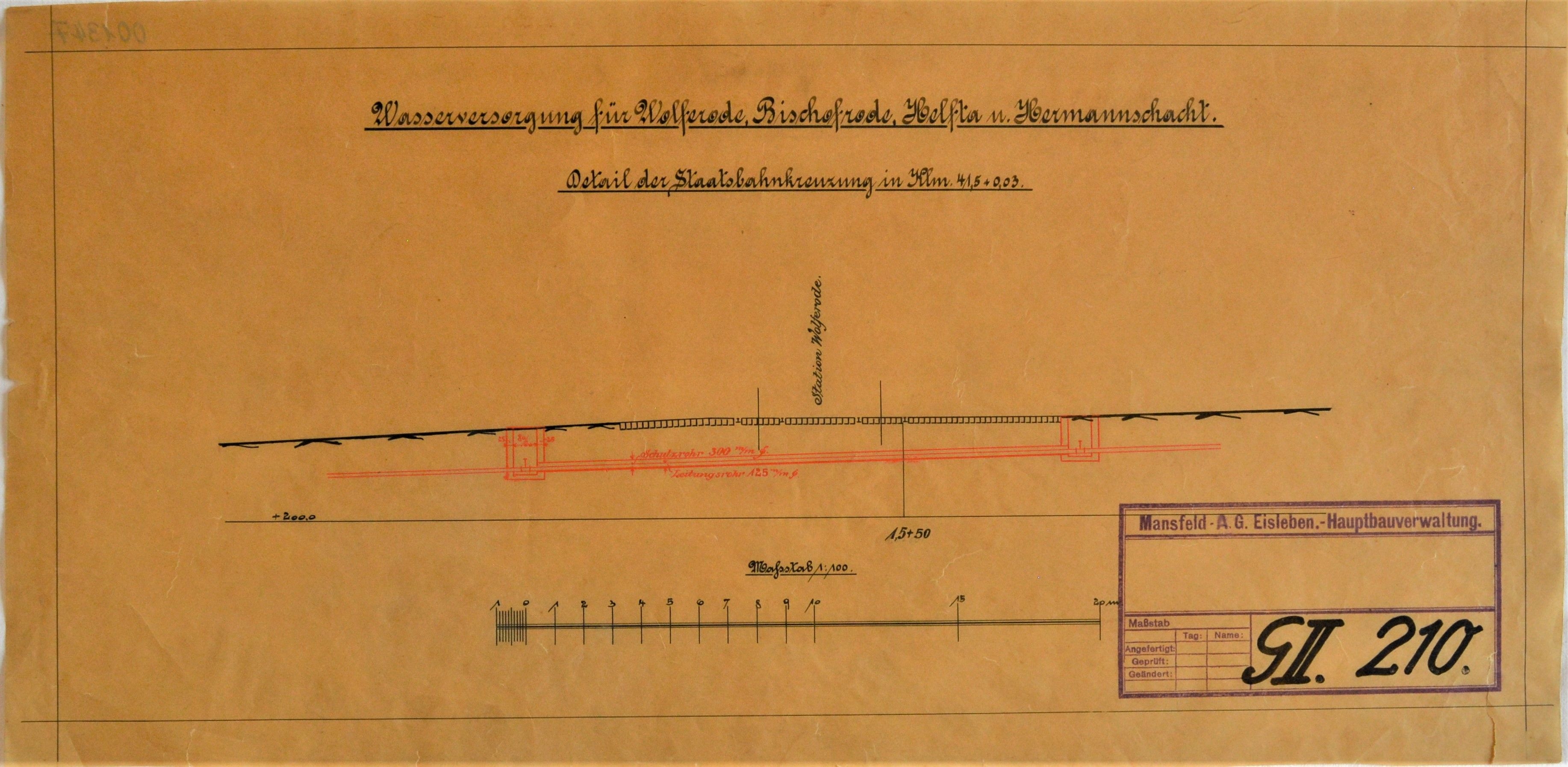 Wasserversorgung für Wolferode, Bischofrode, Helfta und Hermannschacht. Detail der Staatsbahnkreuzung in Klm. 41,5 + 0,03 (Mansfeld-Museum im Humboldt-Schloss CC BY-NC-SA)