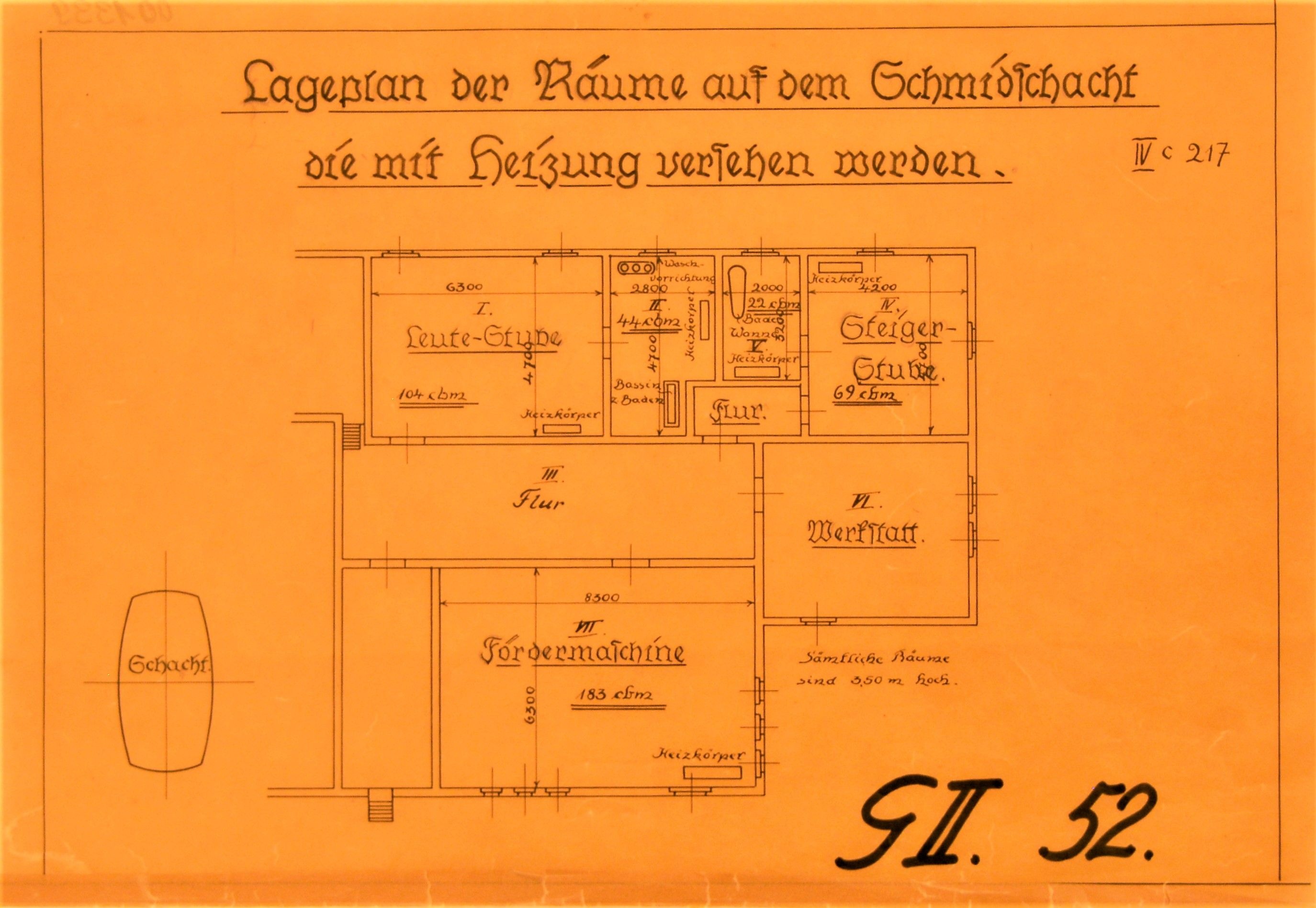 Lageplan der Räume auf dem Schmidschacht die mit Heizung versehen werden. (Mansfeld-Museum im Humboldt-Schloss CC BY-NC-SA)