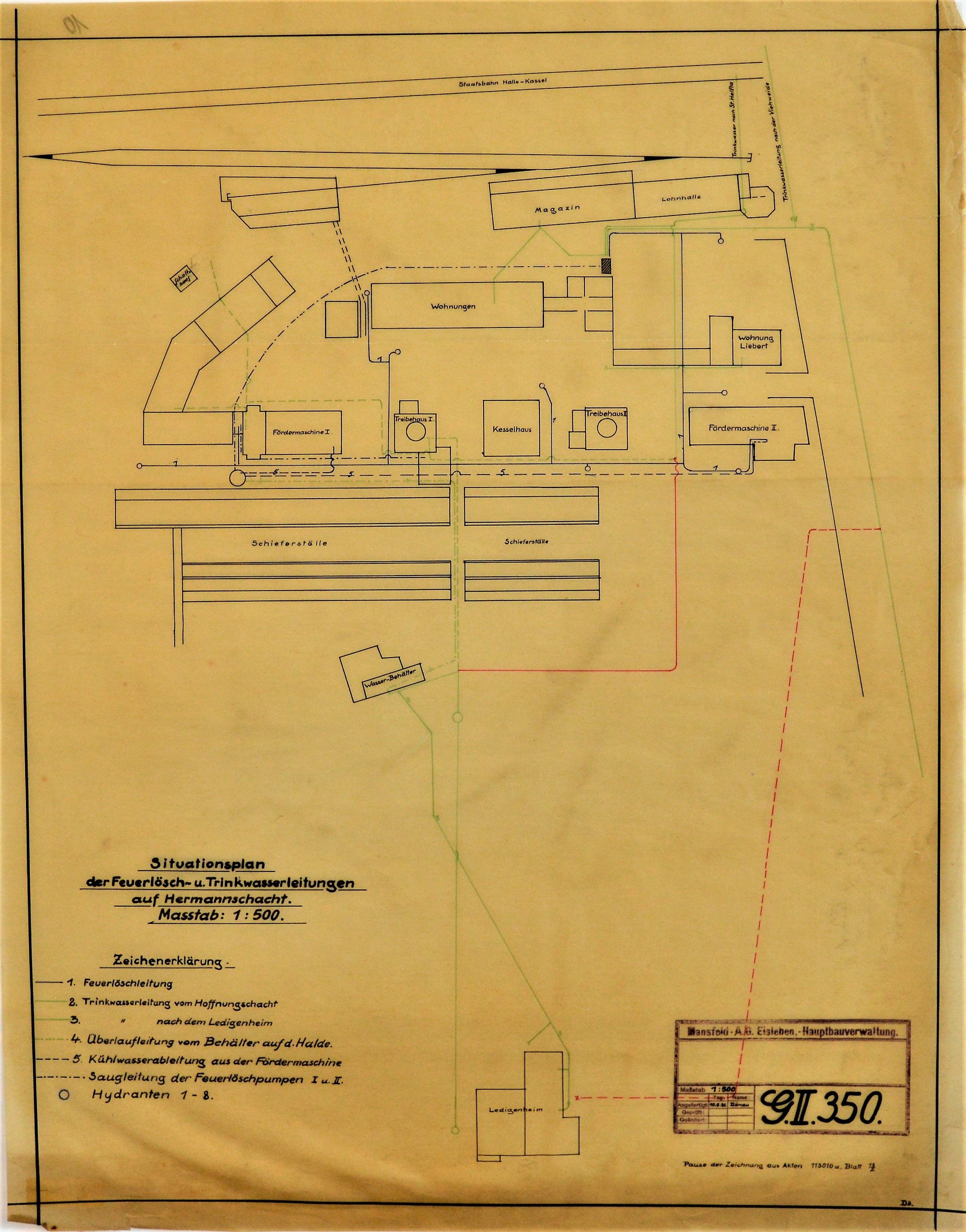 Situationsplan der Feuerlösch- u. Trinkwasserleitungen auf Hermannschacht (Mansfeld-Museum im Humboldt-Schloss CC BY-NC-SA)