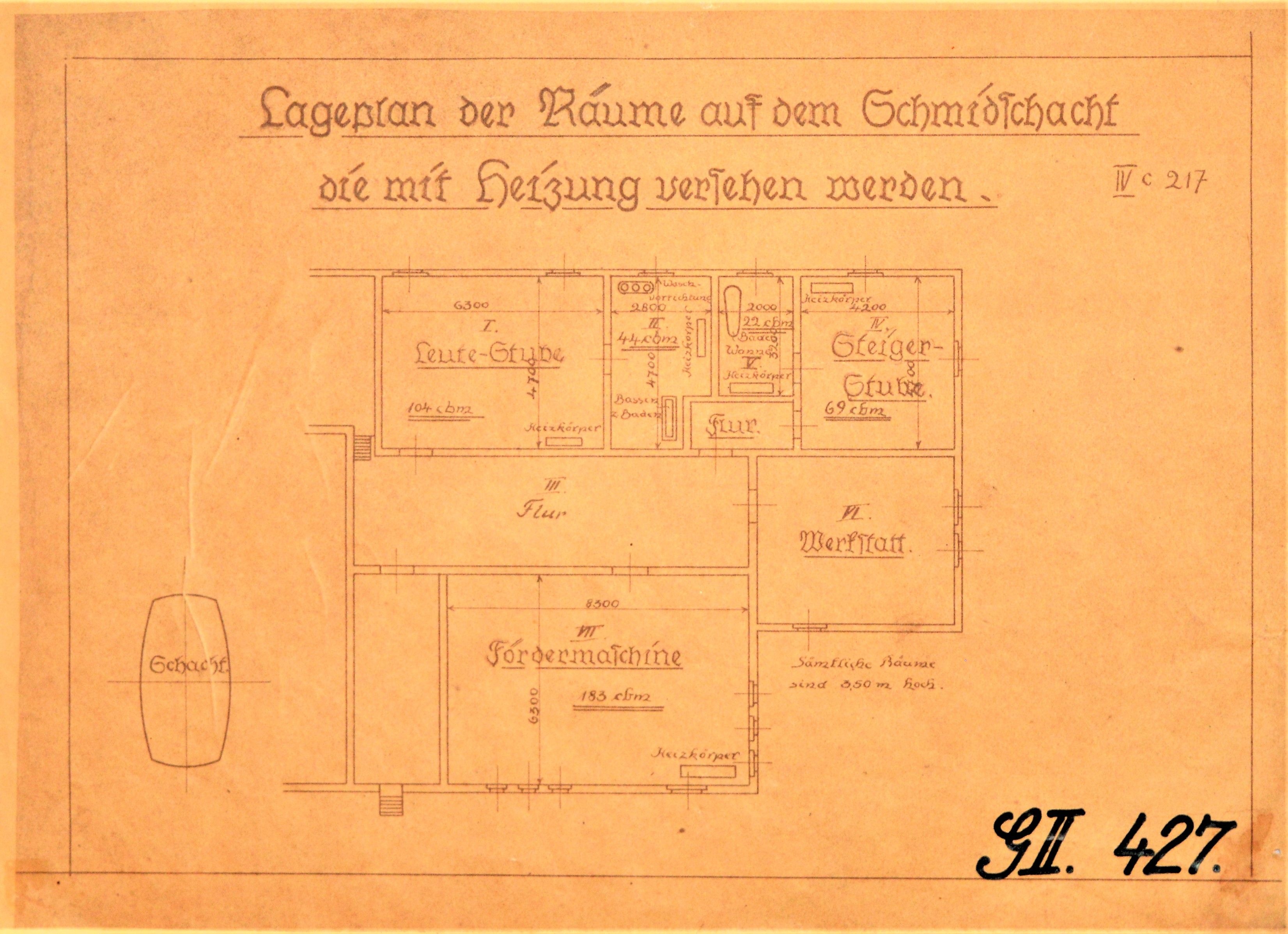 Lageplan der Räume auf dem Schmidtschacht die mit Heizung versehen werden. (Mansfeld-Museum im Humboldt-Schloss CC BY-NC-SA)
