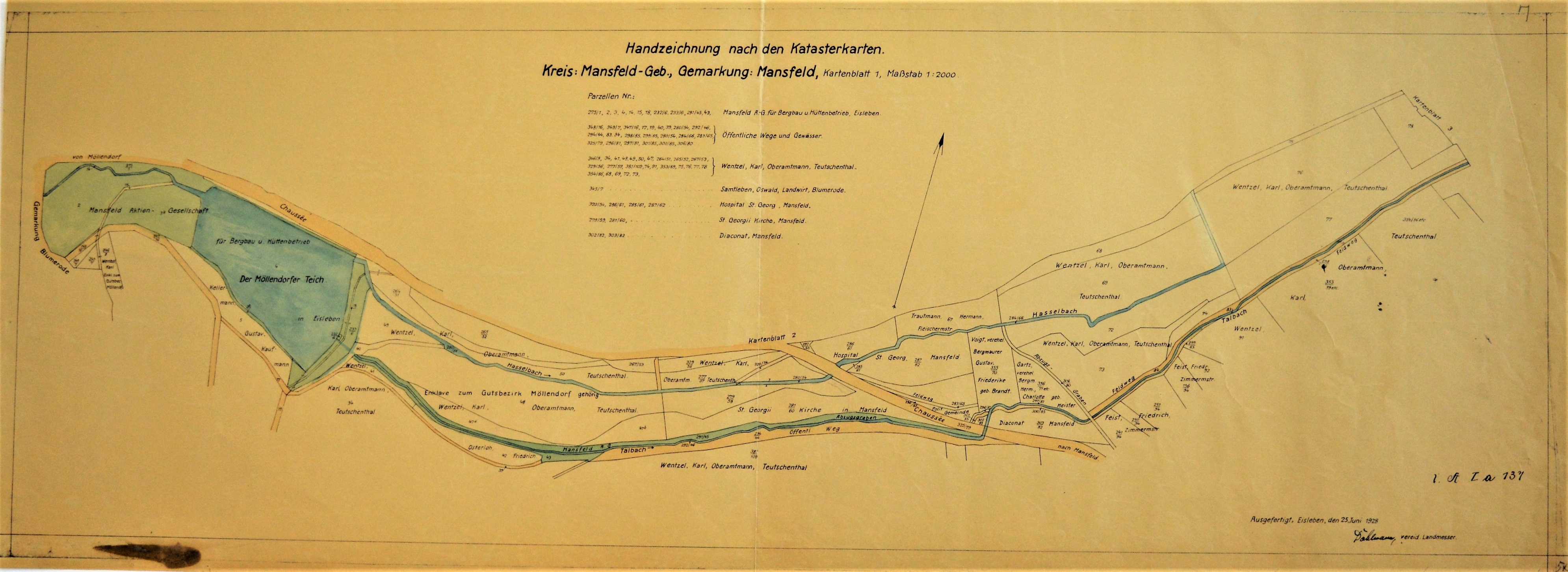 Handzeichnung nach den Katasterkarten Kreis: Mansfeld - Geb., Gemarkung Mansfeld, Kartenblatt 1. (Mansfeld-Museum im Humboldt-Schloss CC BY-NC-SA)