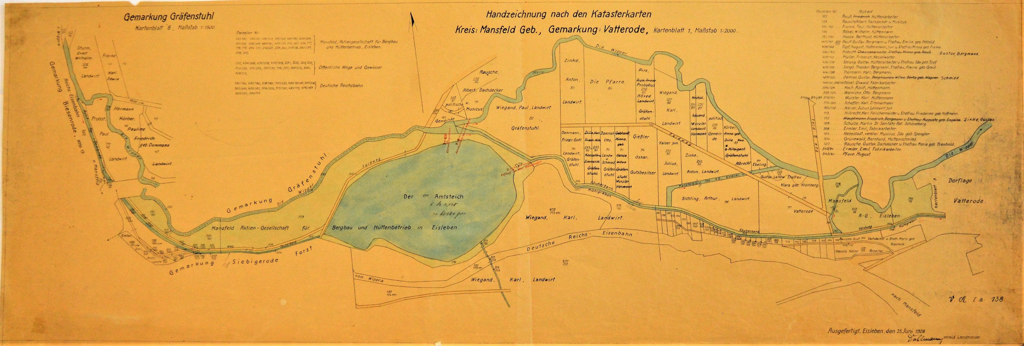 Handzeichnung nach den Katasterkarten Kreis: Mansfeld Geb., Gemarkung: Vatterode. Kartenblatt 1. (Mansfeld-Museum im Humboldt-Schloss CC BY-NC-SA)