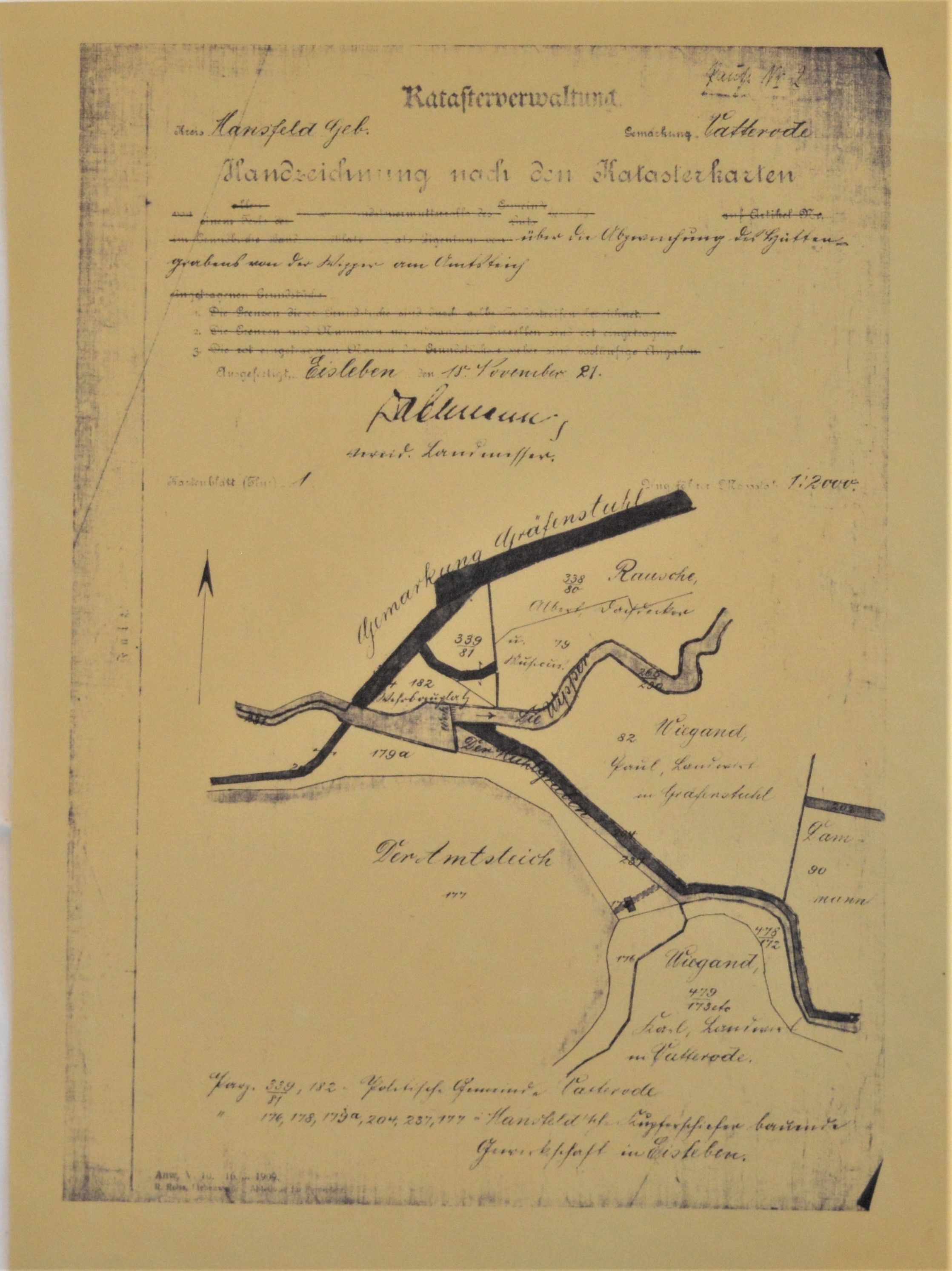 Handzeichnung nach den Katasterkarten über die Abzweigung des Hüttengrabens von der Wipper am Amtsteich. (Mansfeld-Museum im Humboldt-Schloss CC BY-NC-SA)