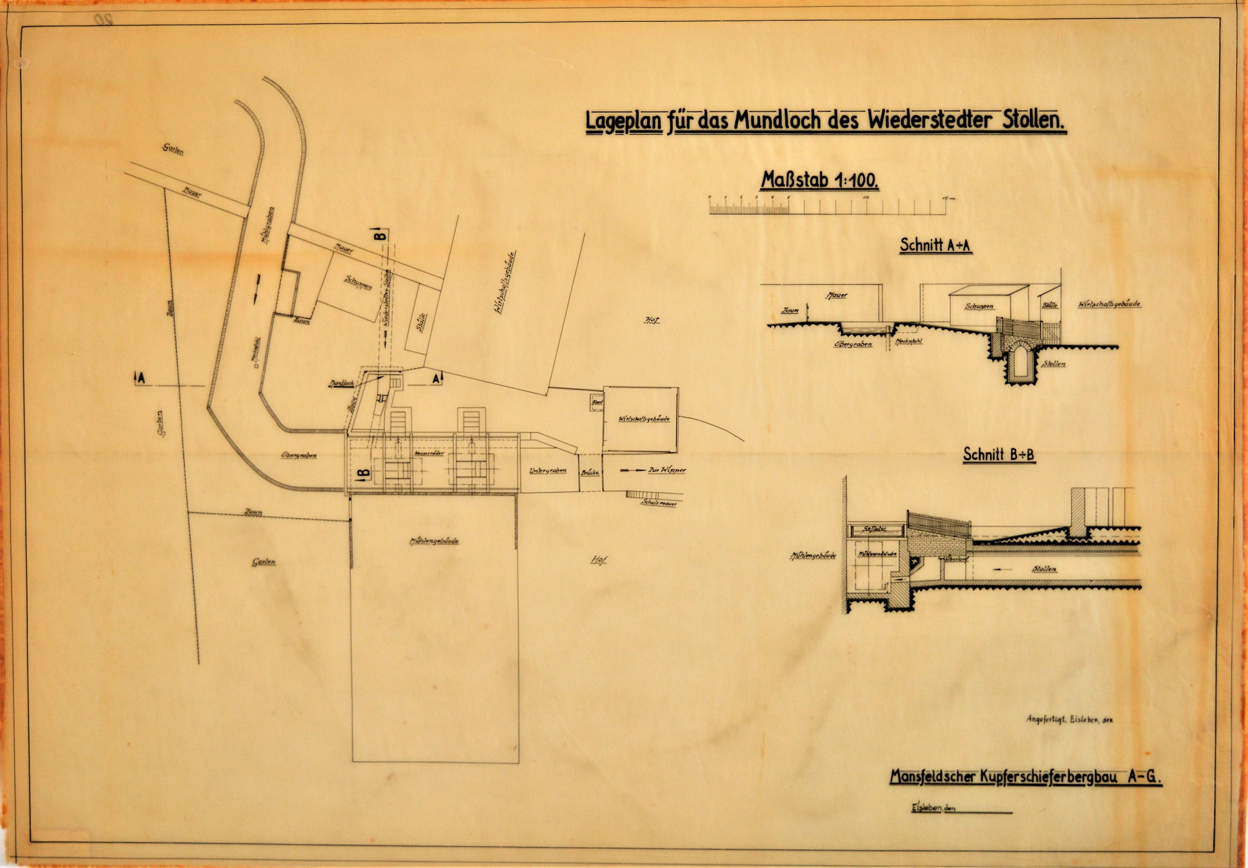 Lageplan für das Mundloch des Wiederstedter Stollen. (Mansfeld-Museum im Humboldt-Schloss CC BY-NC-SA)