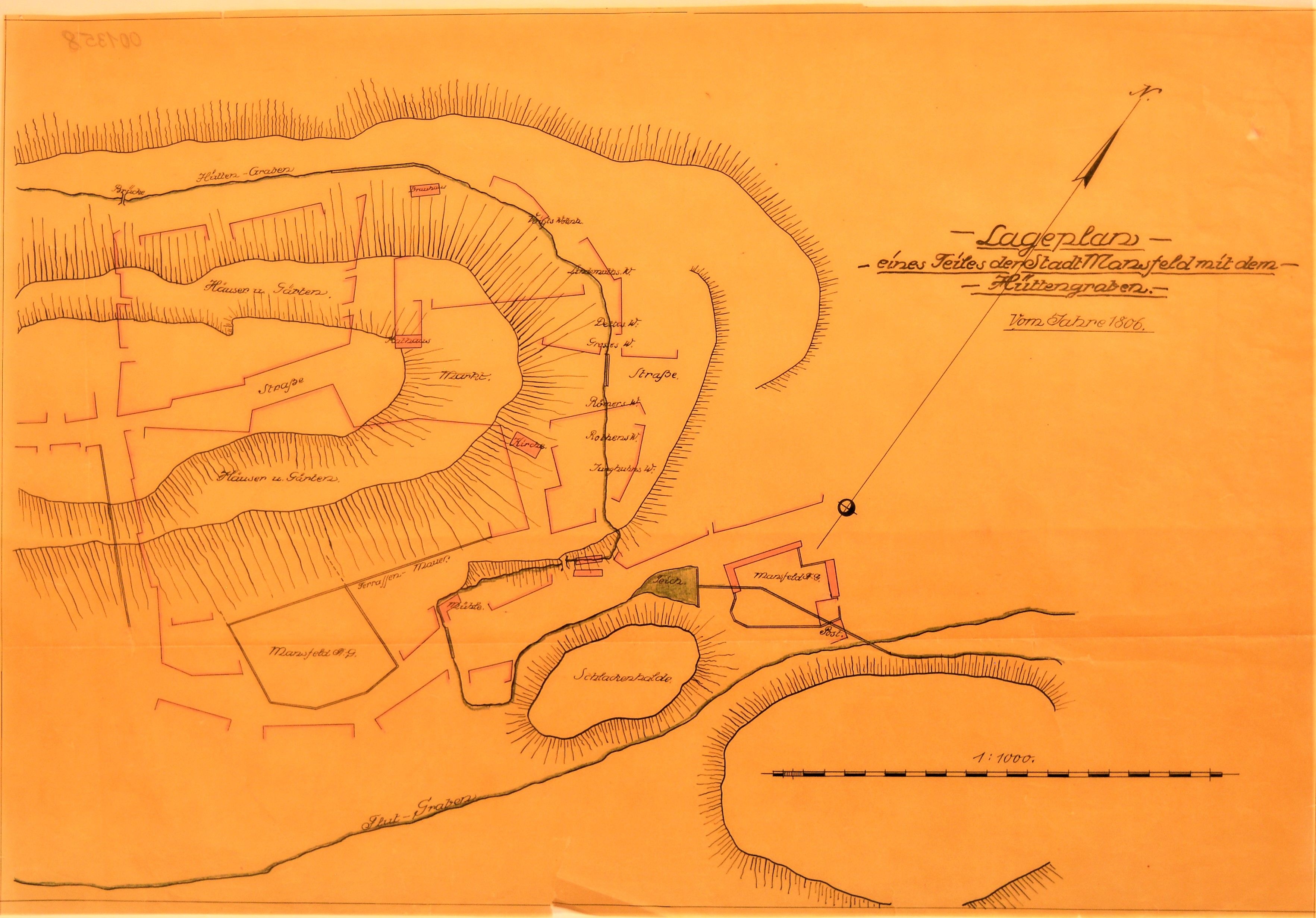 Lageplan eines Teiles der Stadt Mansfeld mit dem Hüttengraben. Vom Jahre 1806. (Mansfeld-Museum im Humboldt-Schloss CC BY-NC-SA)